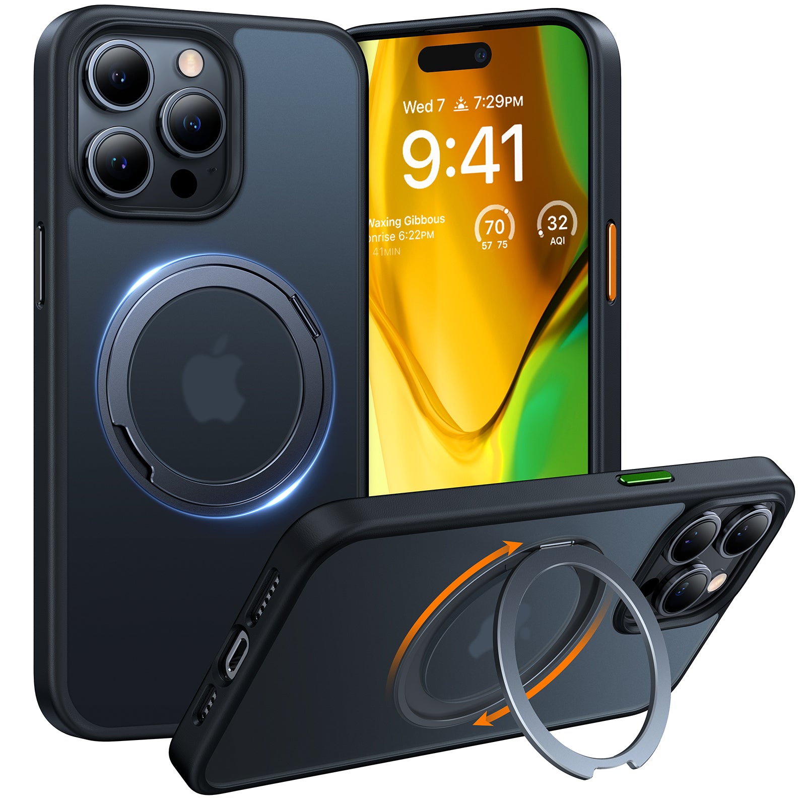 TORRAS 360°Rotatable Magnetic Ring for iPhone 15 Pro Max Case, Fit for MagSafe with Stand & Ring Holder, [Mil-Grade Shockproof Translucent Back for iPhone 15 ProMax Case Ostand Pro, Black