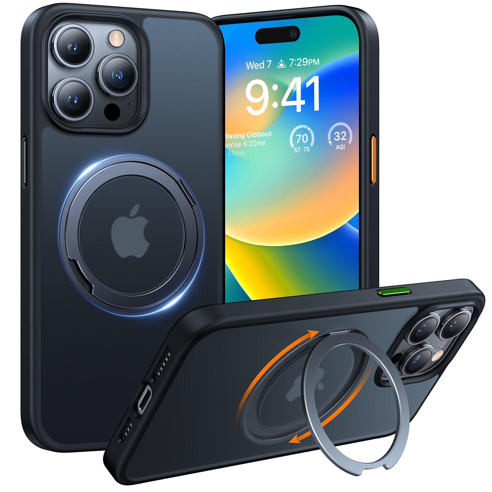 TORRAS 360°Rotatable Magnetic Ring for iPhone 15 Pro Max Case, Fit for MagSafe with Stand & Ring Holder, [Mil-Grade Shockproof Translucent Back for iPhone 15 ProMax Case Ostand Pro, Black