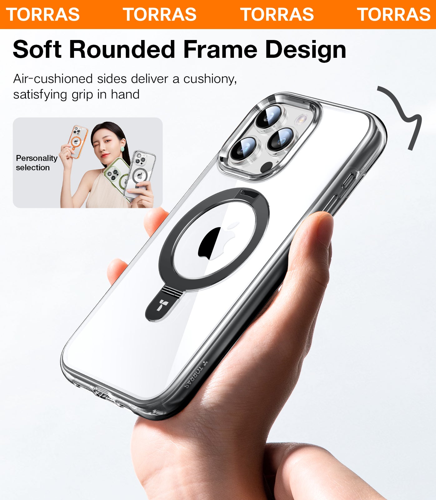 TORRAS 360° Encircling Air Cushion Ultra Protection, Magnetic Ostand SS Air Designed for iPhone 15 Pro Max Case, Compatible with MagSafe, Horizontal/Vertical Kickstand, Clear Slim Hard Back Soft Edge Anti-Yellowing Technology, Ostand, Black