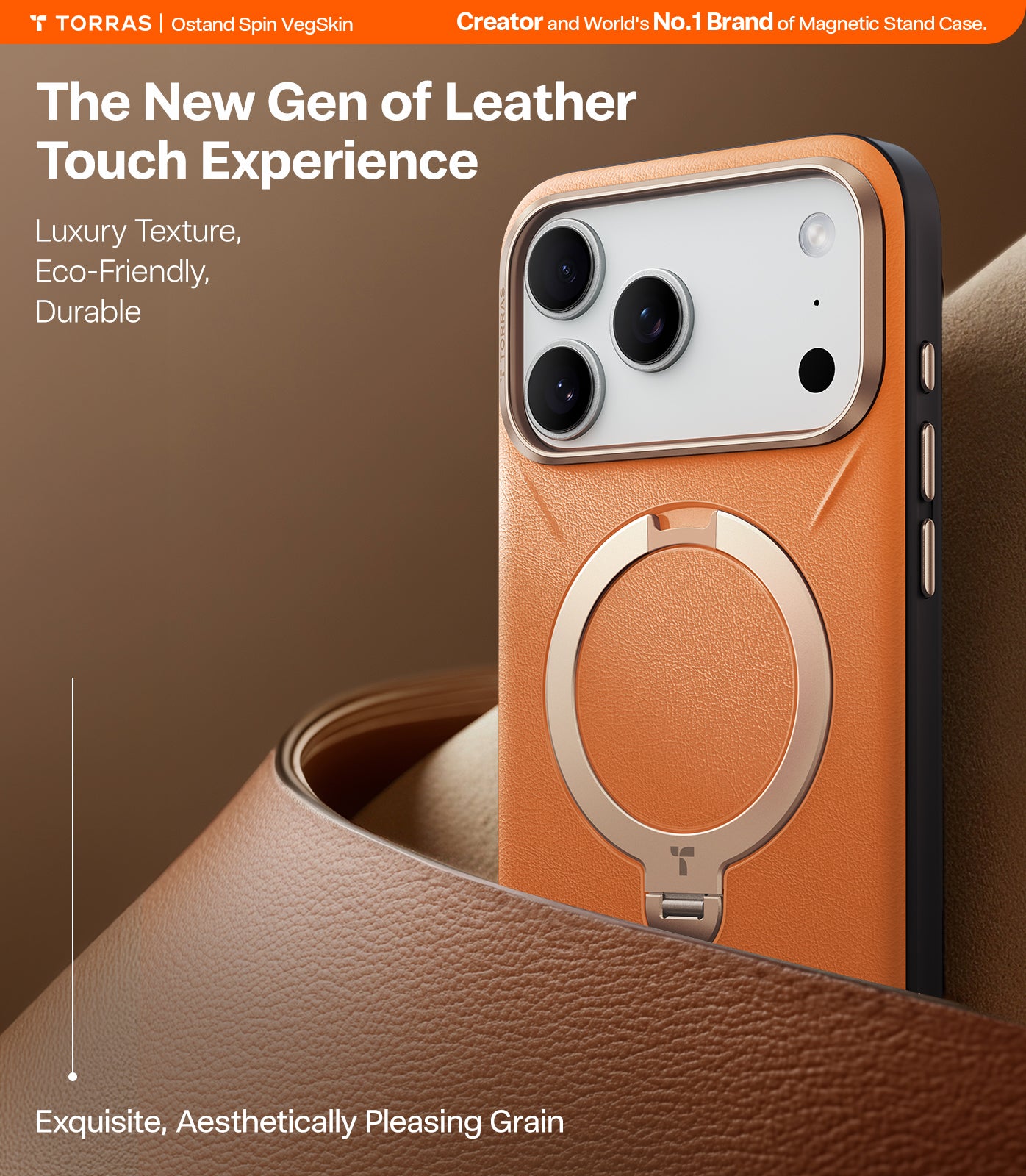 TORRAS Ostand Spin VegSkin Series Case for iPhone 17 Pro Max (6.9") 2025– Magnetic Stand, Premium Leather Touch, Ultra-Thin 360° Rotatable Metal Stand, MagSafe Compatible, Anti-Stain, Slim & Lightweight Cover - Tarocco Orange