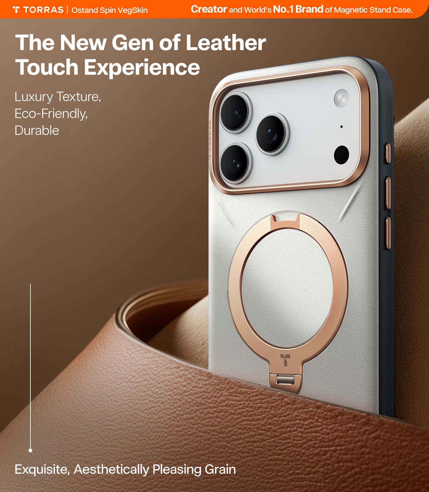 TORRAS Ostand Spin VegSkin Series Case for iPhone 17 Pro (6.3") 2025– Magnetic Stand, Premium Leather Touch, Ultra-Thin 360° Rotatable Metal Stand, MagSafe Compatible, Anti-Stain, Slim & Lightweight Cover - Pearl Grey