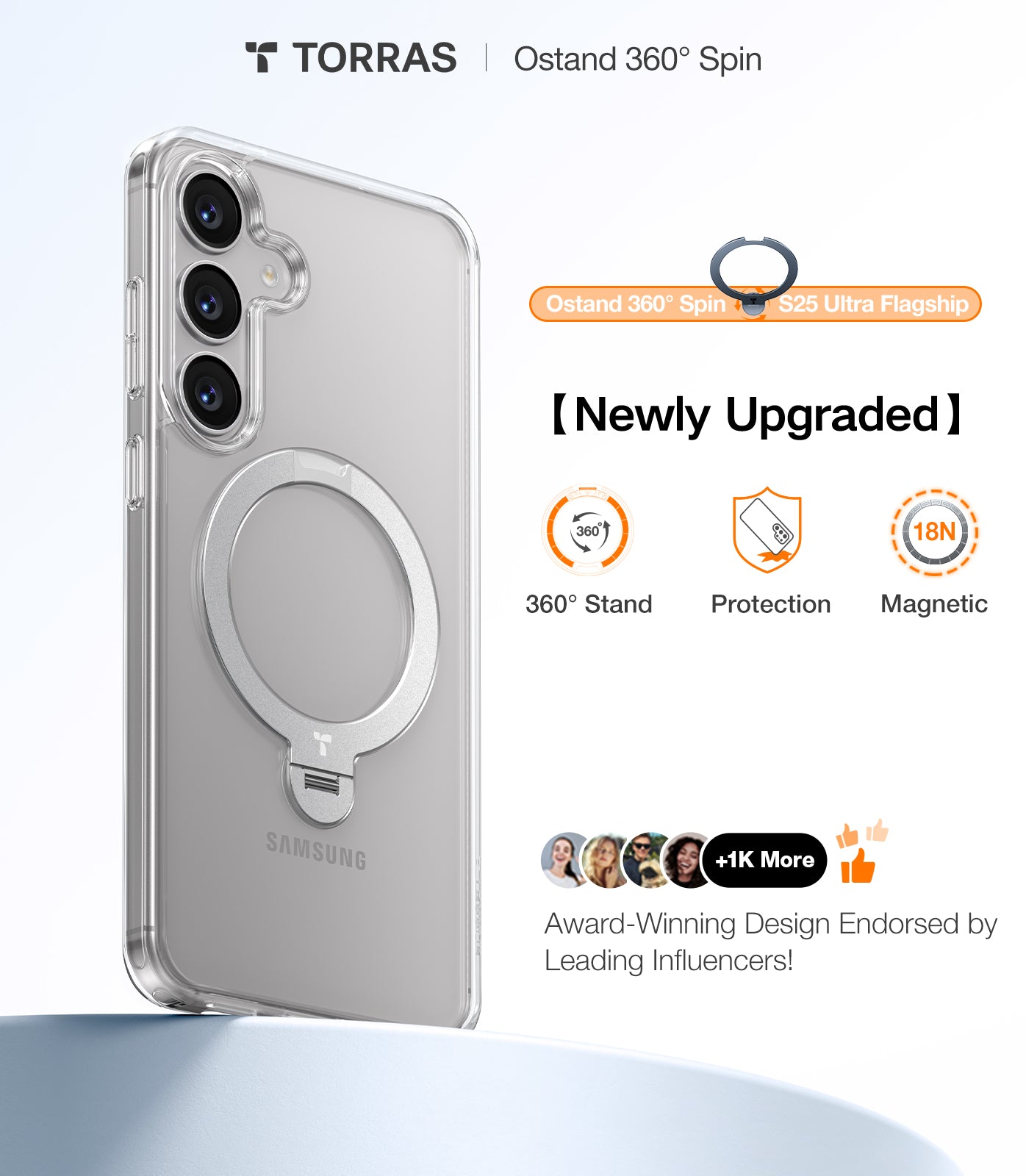 TORRAS 360°Spin Magnetic Stand for Samsung Galaxy S25 Plus Case (2025), Fit for Magsafe Mil-Grade Shockproof Slim Protective S25+ Plus Case with Kickstand & Ring Holder, Ostand Spin, Clear