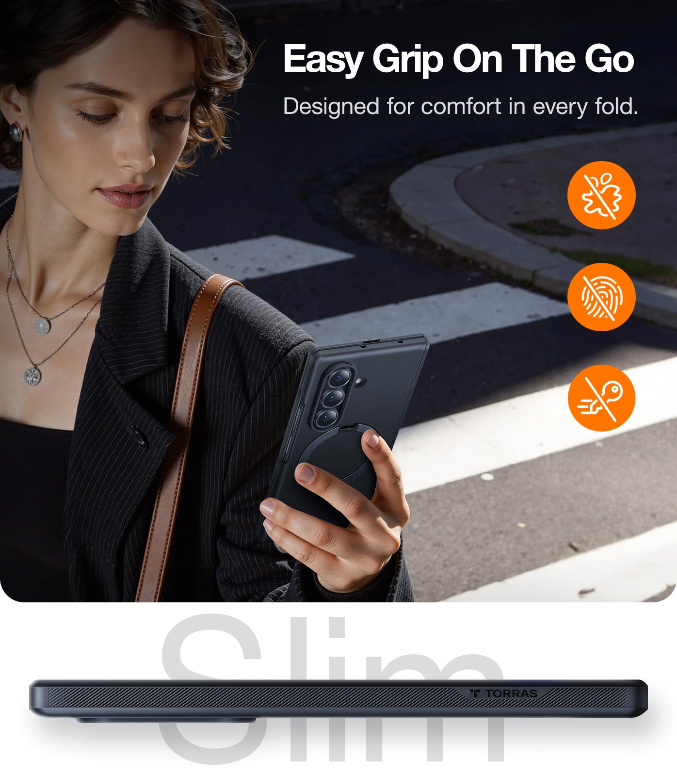 TORRAS 360° Spin Magnetic Stand for Galaxy Z Fold 7, Fit for Magsafe, Mil-Grade Slim Protective Galaxy Z Fold 7 Case with Kickstand & Ring Holder, Ostand Spin, Translucent Frosted Black