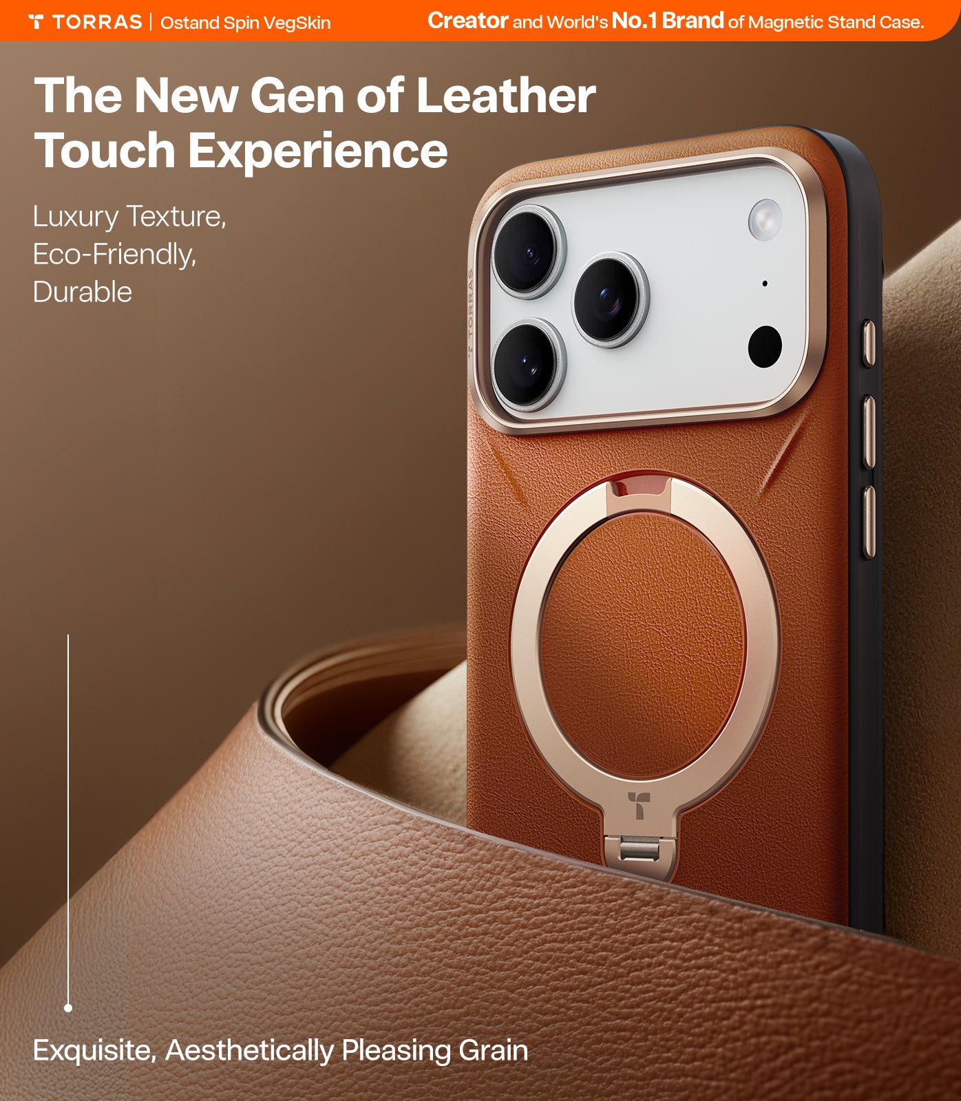 TORRAS Ostand Spin VegSkin Series Case for iPhone 17 Pro (6.3-Inch) 2025– Magnetic Stand, Premium Leather Touch, Ultra-Thin 360° Rotatable Metal Stand, MagSafe Compatible, Anti-Stain, Slim And Lightweight Cover - Amber Brown