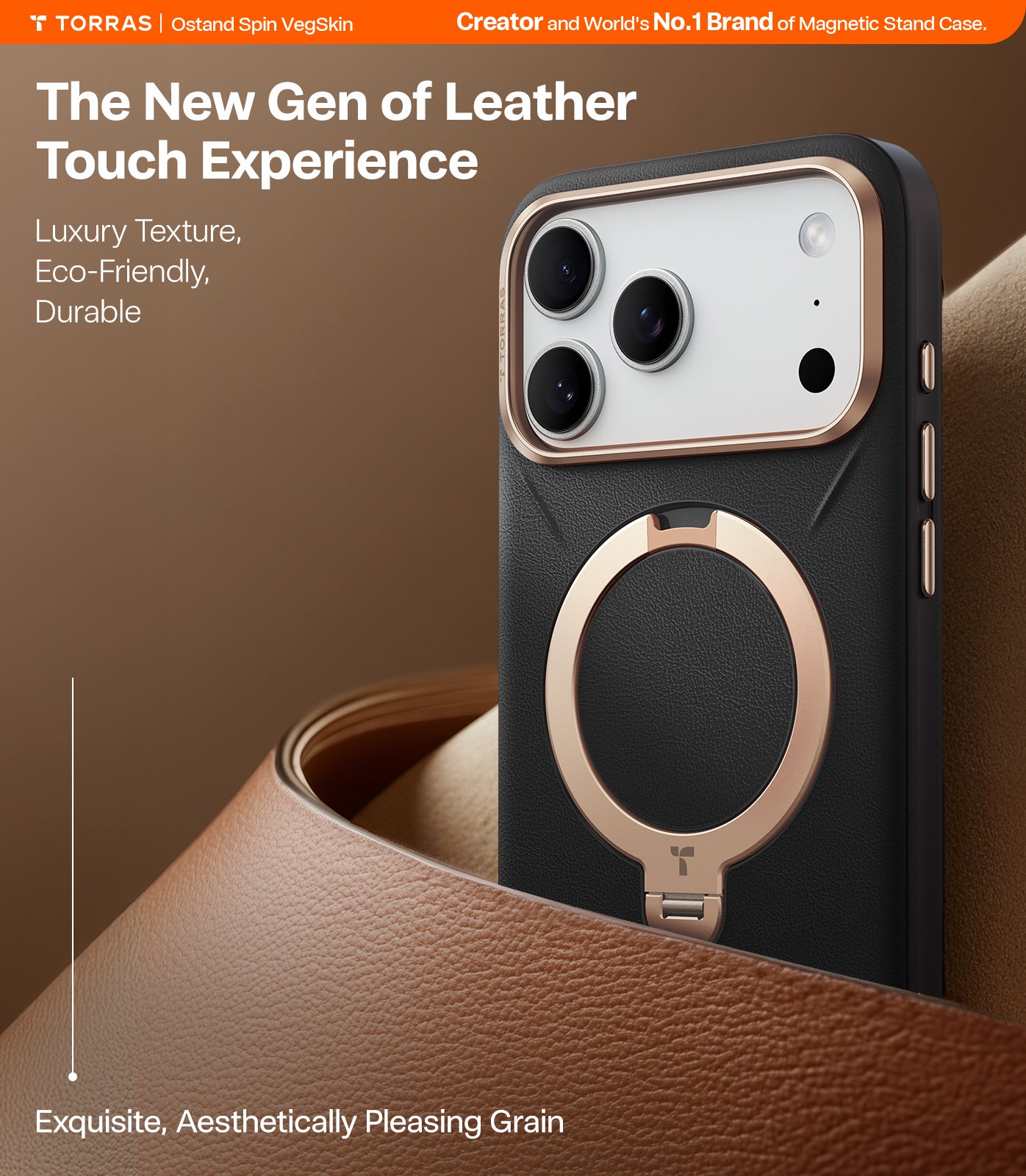 TORRAS Ostand Spin VegSkin Series Case for iPhone 17 Pro (6.3") 2025– Magnetic Stand, Premium Leather Touch, Ultra-Thin 360° Rotatable Metal Stand, MagSafe Compatible, Anti-Stain, Slim & Lightweight Cover - Black