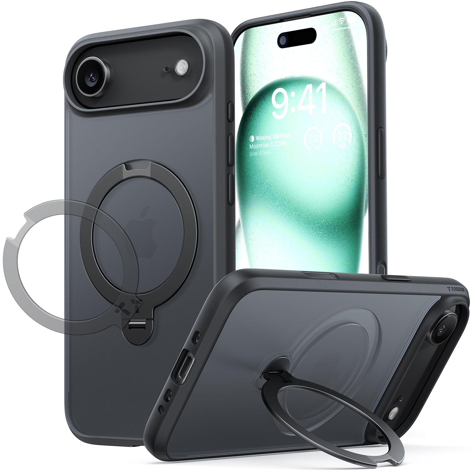 TORRAS Ostand Spin Series for iPhone 17 Air Case, 360° Spin Magnetic Stand, MagSafe Compatible, Mil-Grade Protection Case with Kickstand – Black