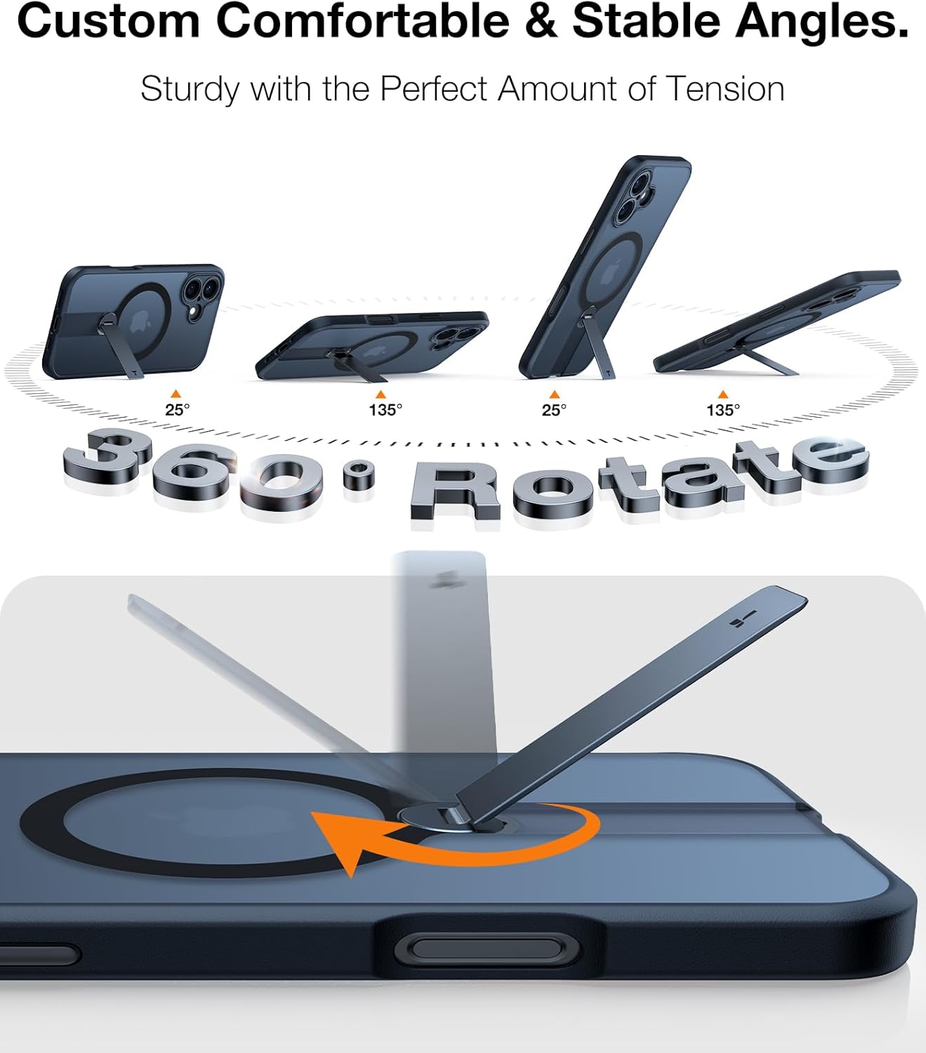 جراب TORRAS المغناطيسي 360 درجة لهاتف iPhone 16، حماية كاملة للكاميرا، مناسب لـ MagSafe، حماية من السقوط بدرجة عسكرية 16 قدمًا، جراب نحيف غير لامع لهاتف iPhone 16 مع حامل (6.1 بوصة)، أسود 