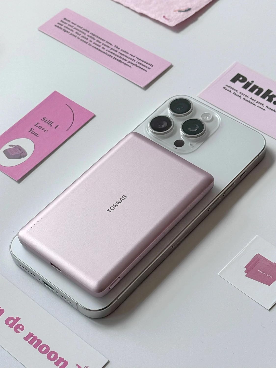 TORRAS MiniMag Power Bank, Ultra Slim 5,000 mAh Wireless Portable Charger with USB-C Cable, Fast Charging Magnetic Battery Pack, Magsafe-Compatible Charger for iPhone 16/15/14/13/12, Pink