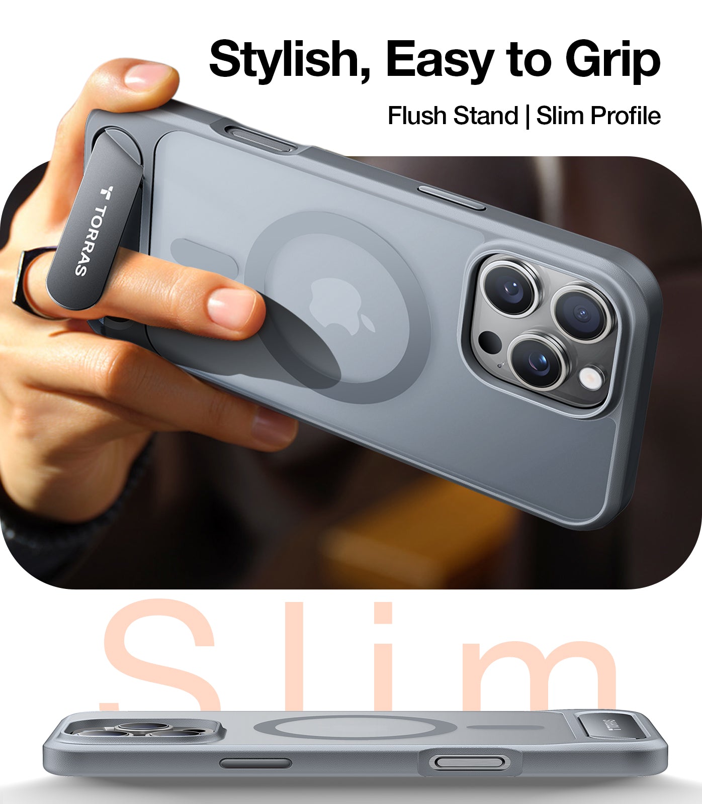 TORRAS Strong Magnetic & Seamless Stand for iPhone 16 Pro Case, [18N Mighty Magnetic] [12FT Mil-Grade Drop Tested] [Fit for MagSafe] Kickstand Protective Slim Phone Case for iPhone 16 Pro 6.3", Grey