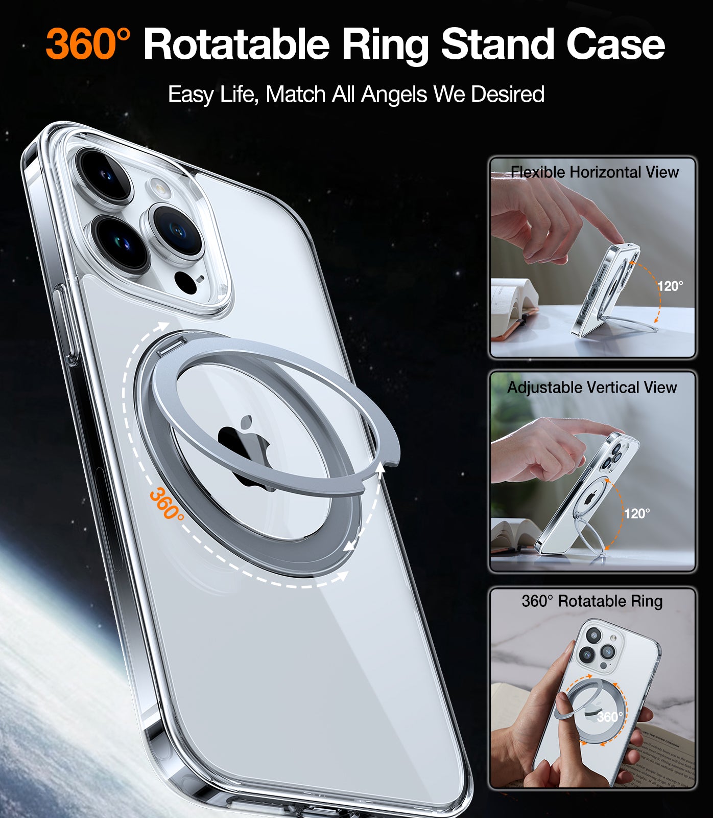 TORRAS 360°Rotatable Magnetic Ring for iPhone 15 Pro Max Case, Fit for MagSafe with Stand & Ring Holder, [Mil-Grade Shock proof Translucent Back for iPhone 15 ProMax Case Ostand Pro, Clear