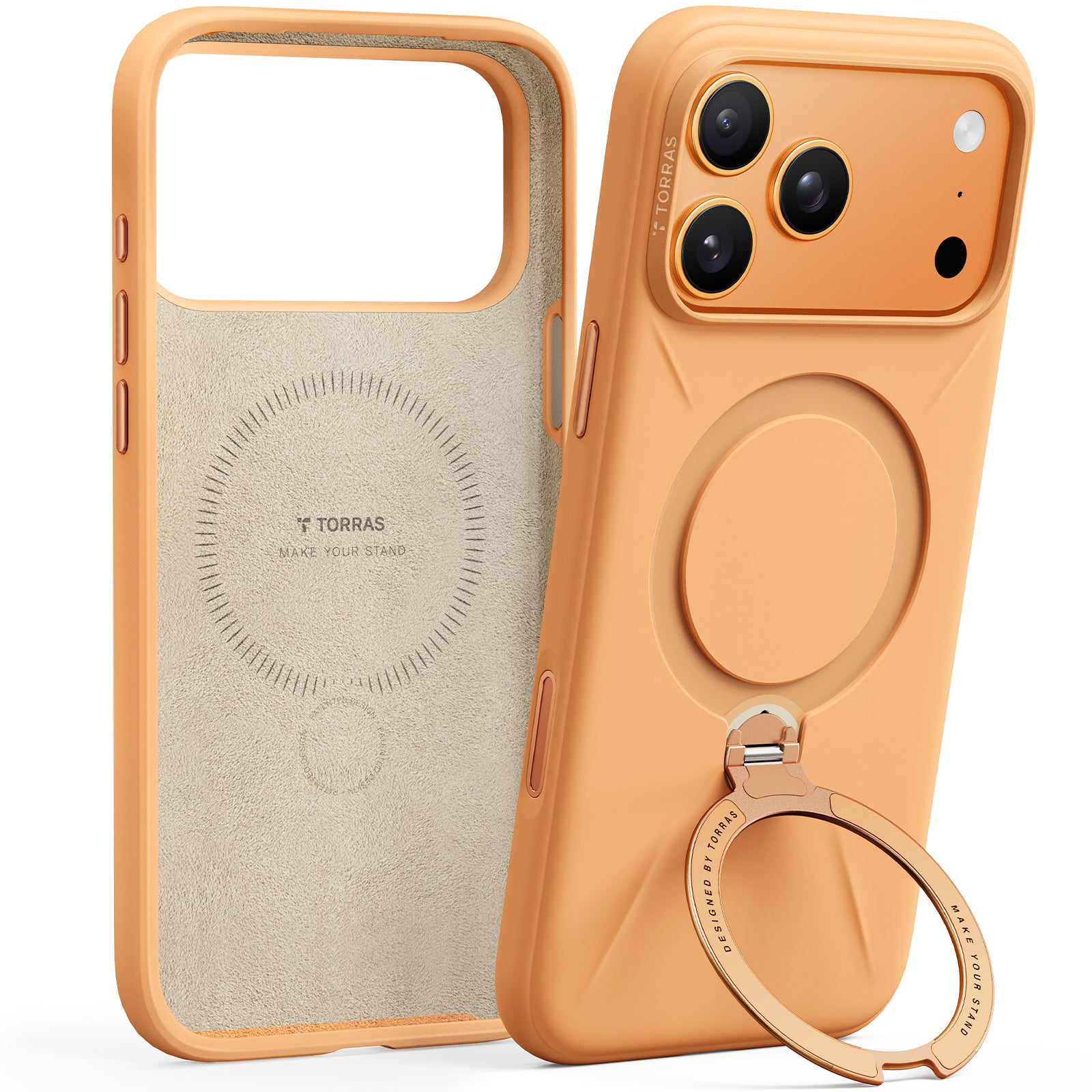 TORRAS Ostand Q3 Spin Silicone Series for iPhone 17 Pro Max (6.9-Inch) Case, Silicone Soft Rubber with 360° Ring Stand And Camera Control, MagSafe Compatible, Q3 Protective Cover – Energy Orange