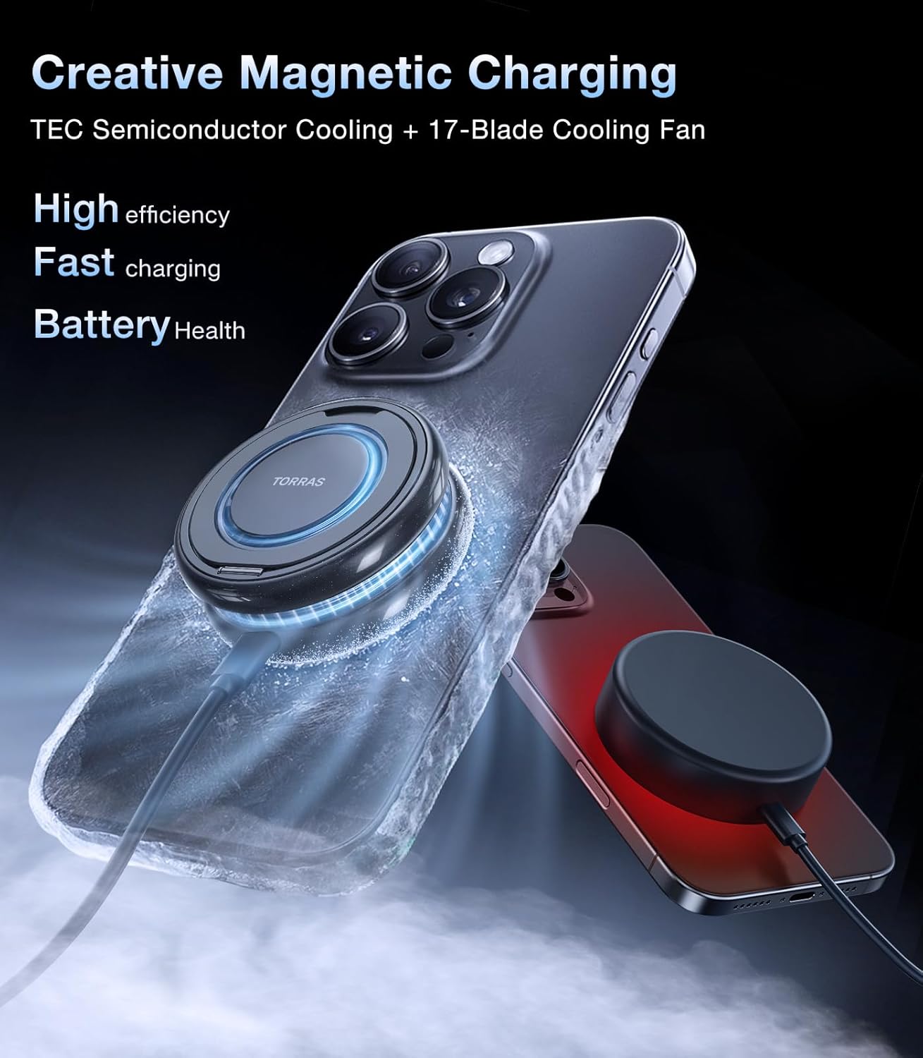 TORRAS Polar Circle Qi2 Mag-Safe Charger, 15W Cooling Magnetic Pad For iPhone 16/15/14/13, Wireless Charger For Samsung Galaxy S25 with 360°Spin Stand, Semiconductor Game Cooler, With 5FT Type-C Cable, Black