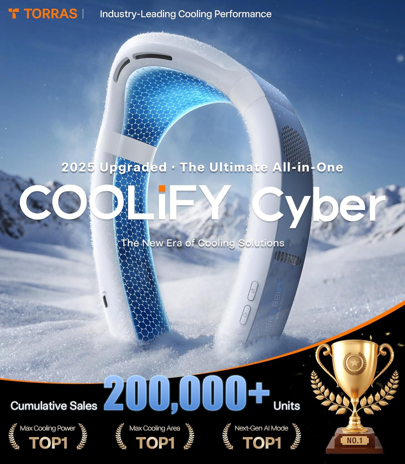 TORRAS TORRAS 2025 Top Al Neck Fan Air Conditioner Coolify Cyber, Portable Personal Neck Fans that Blow Cold Air, No.1 Dual-Coolest Wind & 720° Immersive Cooling, Rechargeable for Outdoor/Indoor. Gift for Dad
