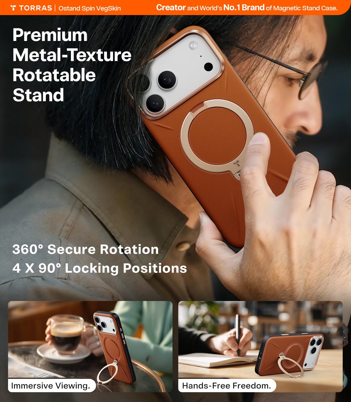 TORRAS Ostand Spin VegSkin Series Case for iPhone 17 Pro (6.3-Inch) 2025– Magnetic Stand, Premium Leather Touch, Ultra-Thin 360° Rotatable Metal Stand, MagSafe Compatible, Anti-Stain, Slim And Lightweight Cover - Amber Brown