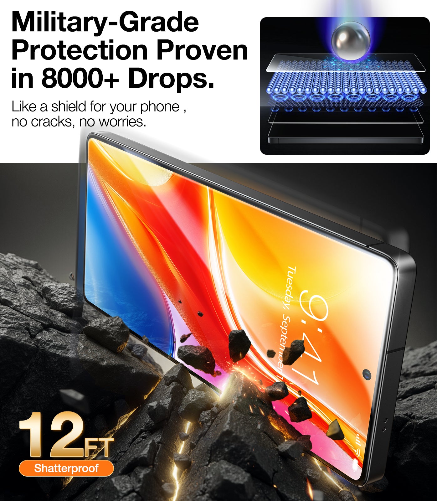 TORRAS 12FT Military-Grade Shatterproof for Samsung Galaxy S25 Screen Protector [9H+ Durable ＆ Just One-Pull] Full Coverage Bubble Free Galaxy Screen Protector 25 Tempered Glass, 1 Pack