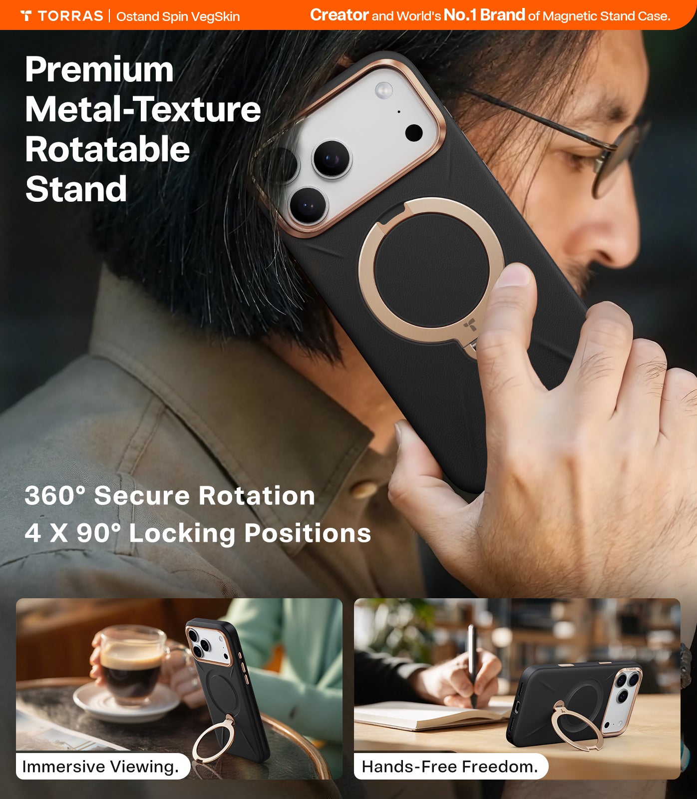 TORRAS Ostand Spin VegSkin Series Case for iPhone 17 Pro (6.3") 2025– Magnetic Stand, Premium Leather Touch, Ultra-Thin 360° Rotatable Metal Stand, MagSafe Compatible, Anti-Stain, Slim & Lightweight Cover - Black