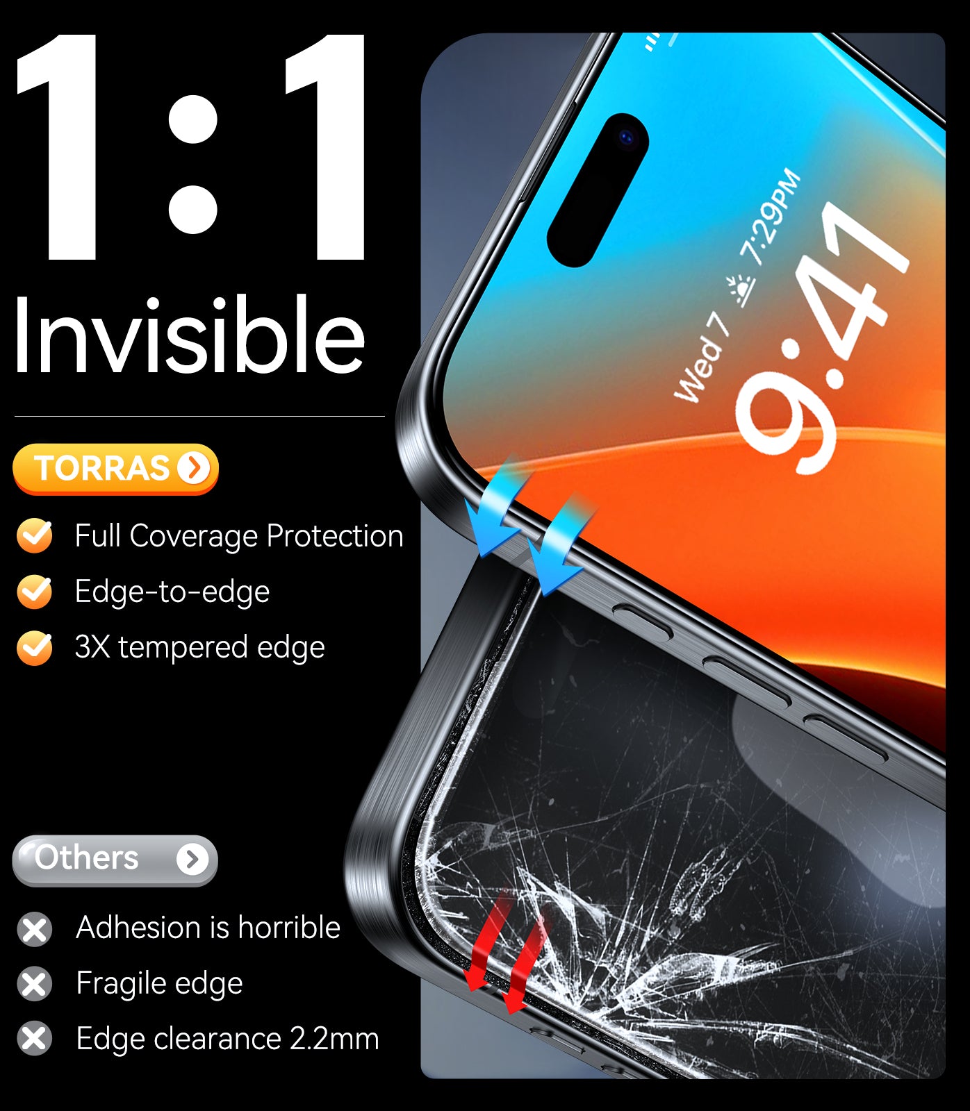 واقي شاشة TORRAS العسكري المقاوم للكسر لهاتف iPhone 16 Pro Max، زجاج مقوى 9H+ Aerospace وتركيب بخطوة واحدة، تغطية كاملة وحماية فائقة خالية من الفقاعات، GlassGo X (عبوة واحدة)