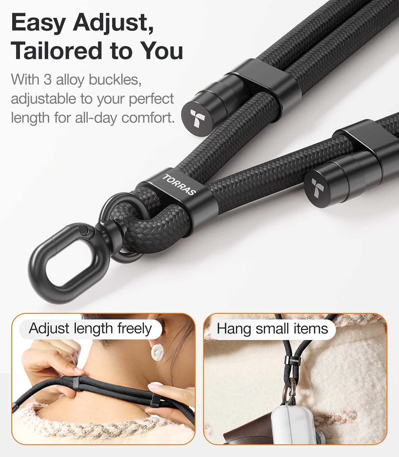 TORRAS Phone Lanyard Crossbody with 2 Phone Tabs, Adjustable Anti Theft Phone Strap for All Phones, Premium Metal Buckles, Skin-Friendly, Universal Cell Phone Neck Lanyard for Women and Men, Black