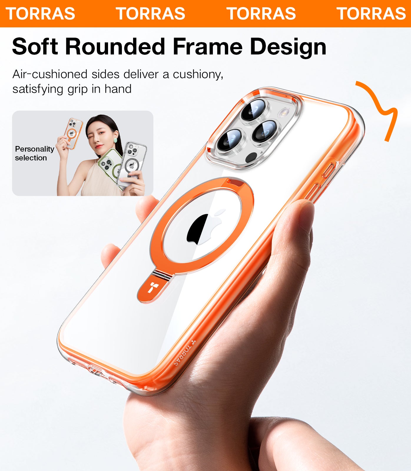 TORRAS 360° Encircling Air Cushion Ultra Protection, Magnetic Ostand SS Air Designed for iPhone 15 Pro Max Case, Compatible with MagSafe, Horizontal/Vertical Kickstand, Clear Slim Hard Back Soft Edge Anti-Yellowing Technology, Ostand SS, Orange