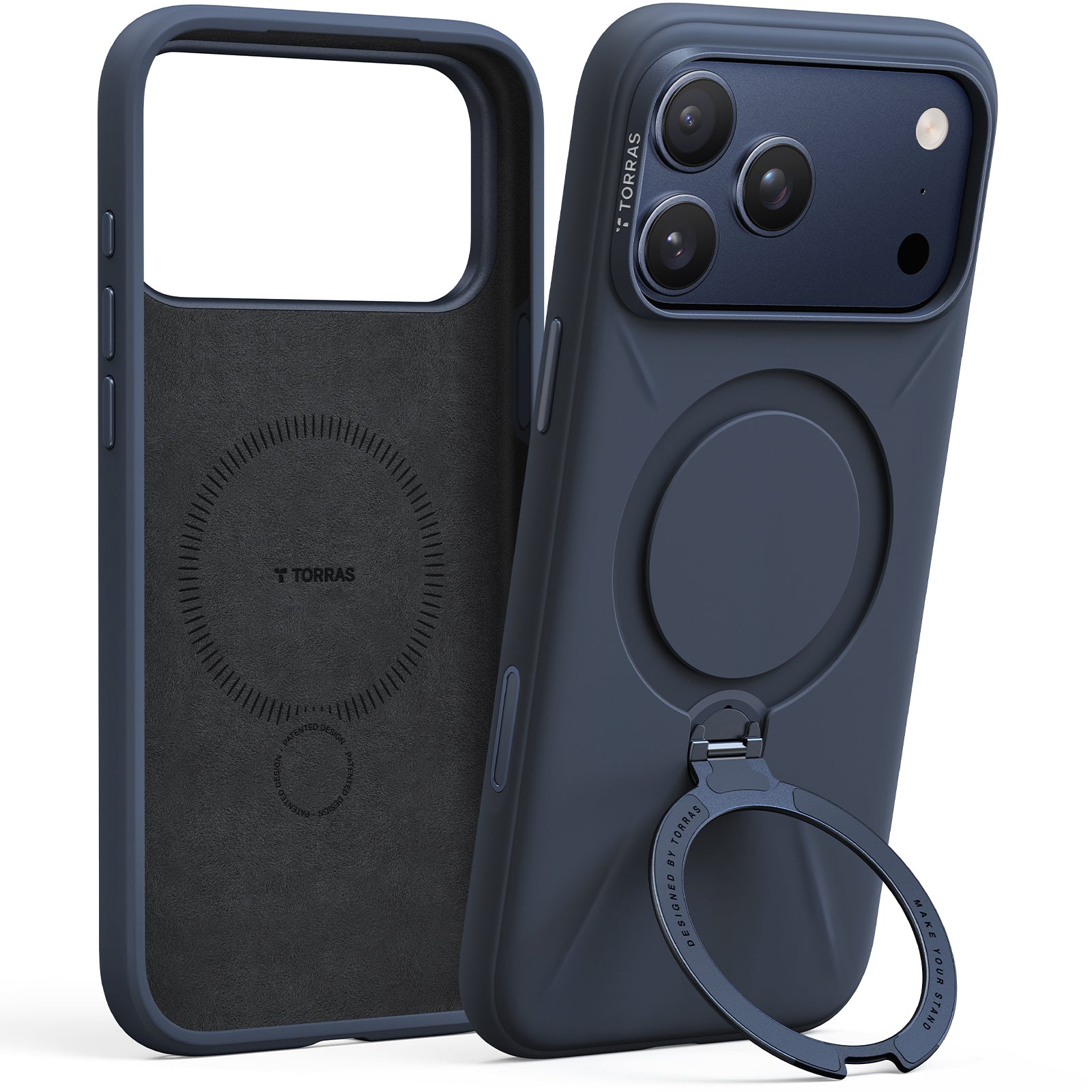 TORRAS Ostand Q3 Spin Silicone Series for iPhone 17 Pro Max (6.9") Case, Silicone Soft Rubber with 360° Ring Stand & Camera Control, MagSafe Compatible, Q3 Protective Cover – Midnight Blue