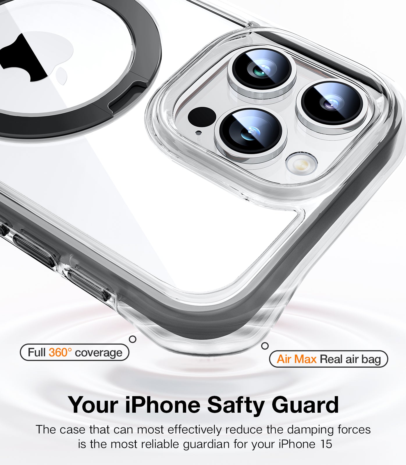 TORRAS 360° Encircling Air Cushion Ultra Protection, Magnetic Ostand SS Air Designed for iPhone 15 Pro Max Case, Compatible with MagSafe, Horizontal/Vertical Kickstand, Clear Slim Hard Back Soft Edge Anti-Yellowing Technology, Ostand, Black