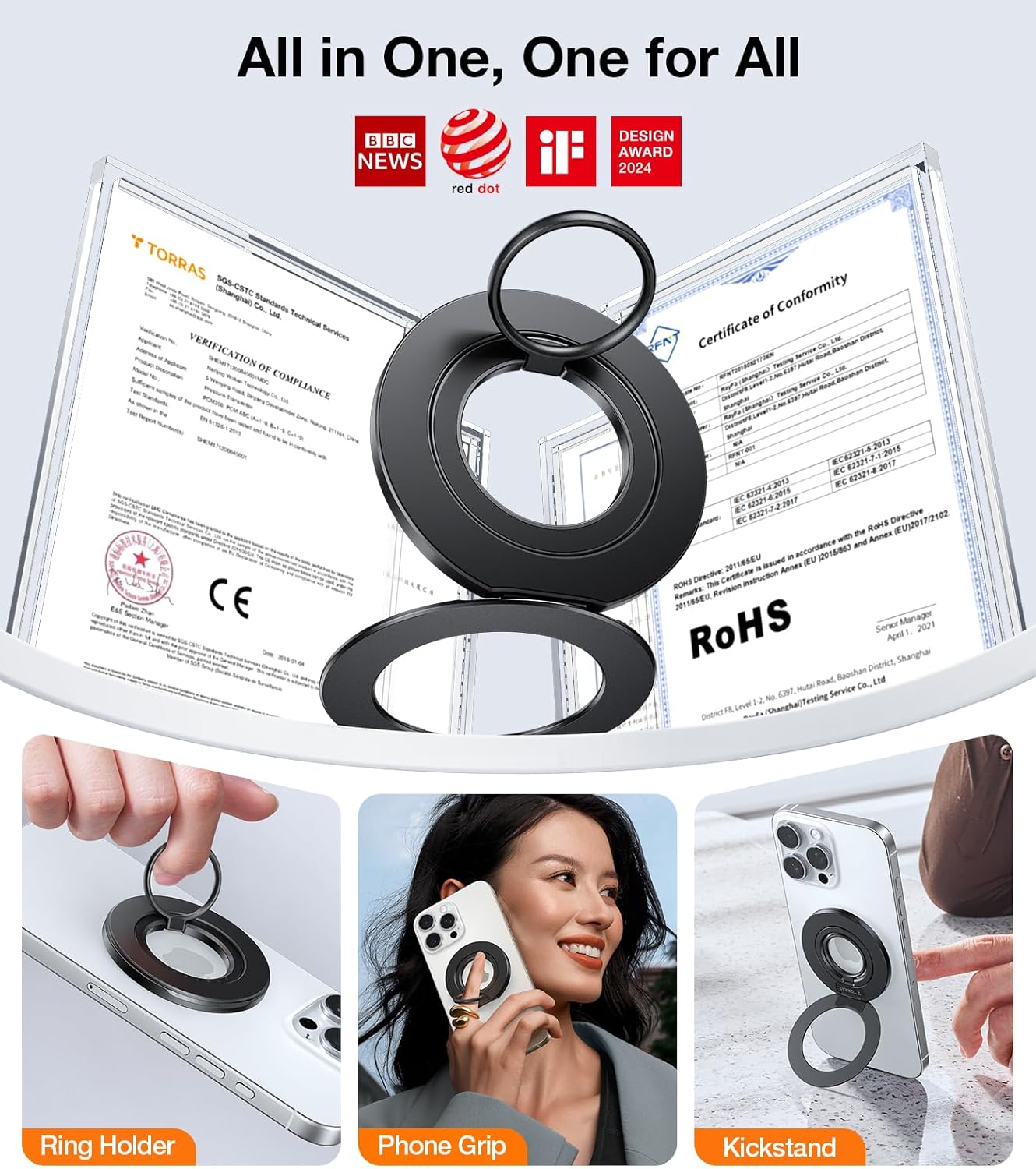 TORRAS 2025 Newest Thin Fit for MagSafe Phone Grip Ring Holder Dual-Ring Compatible with MagSafe Kickstand Magnetic for iPhone 16/15/14/13/12/11 Samsung, Google Accessories, Black