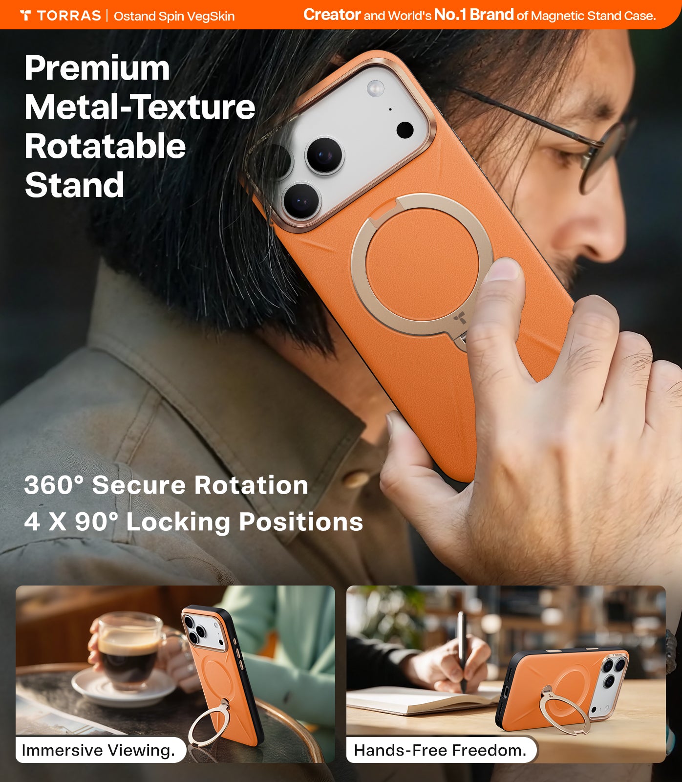 TORRAS Ostand Spin VegSkin Series Case for iPhone 17 Pro Max (6.9") 2025– Magnetic Stand, Premium Leather Touch, Ultra-Thin 360° Rotatable Metal Stand, MagSafe Compatible, Anti-Stain, Slim & Lightweight Cover - Tarocco Orange