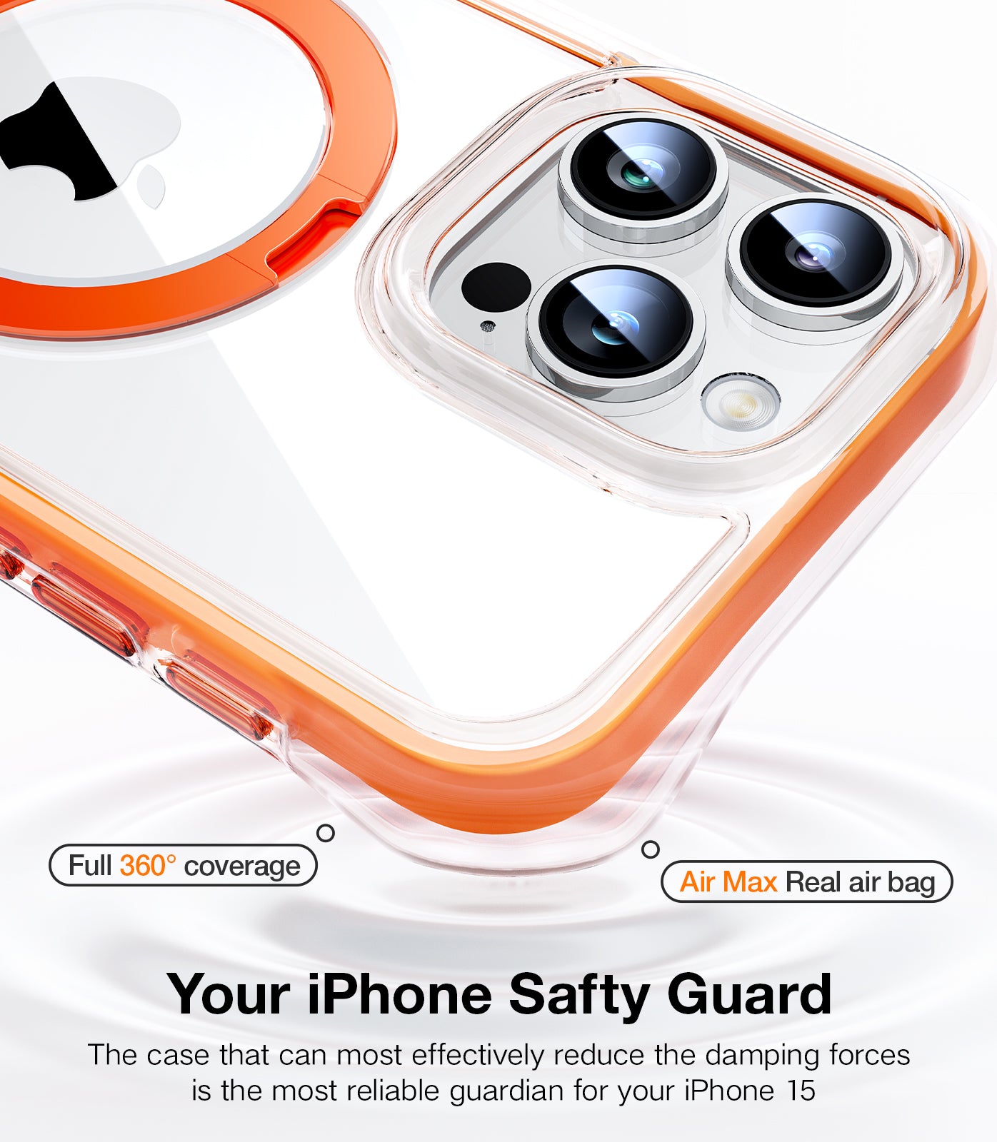 TORRAS 360° Encircling Air Cushion Ultra Protection, Magnetic Ostand SS Air Designed for iPhone 15 Pro Case, Compatible with MagSafe, Horizontal/Vertical Kickstand, Clear Slim Hard Back Soft Edge Anti-Yellowing Technology, Ostand SS, Orange
