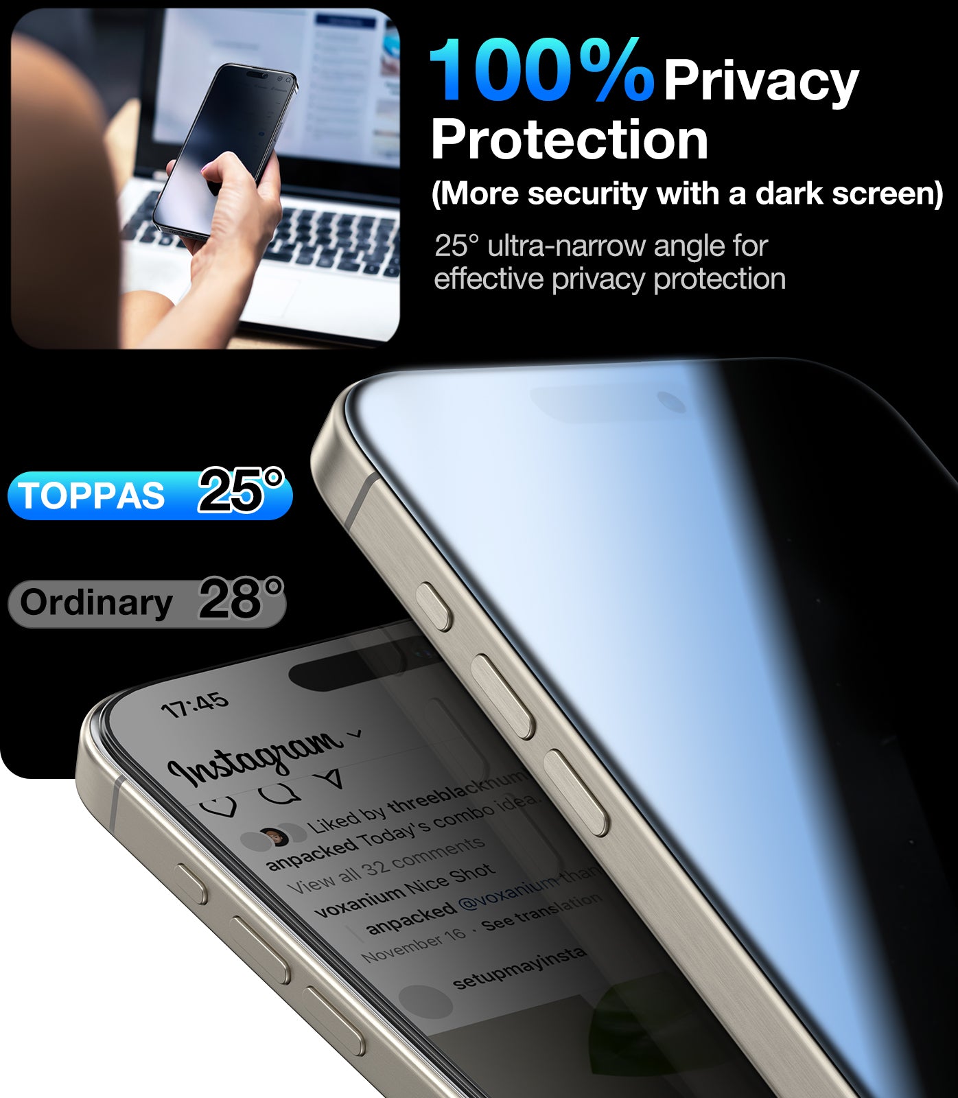 واقي شاشة الخصوصية TORRAS Miliatry-Grade المقاوم للكسر لهاتف iPhone 16 Pro Max [9H + غير قابل للكسر من ارتفاع 12 قدمًا، زجاج مقسّى مضاد للتجسس من الحافة إلى الحافة] خالٍ من الفقاعات، تركيب بسحب واحد فقط