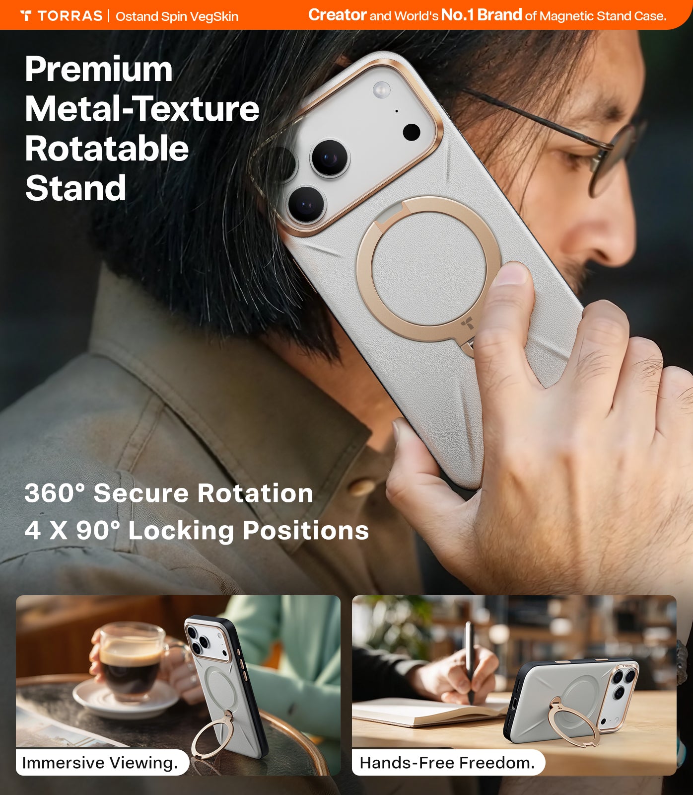 TORRAS Ostand Spin VegSkin Series Case for iPhone 17 Pro (6.3") 2025– Magnetic Stand, Premium Leather Touch, Ultra-Thin 360° Rotatable Metal Stand, MagSafe Compatible, Anti-Stain, Slim & Lightweight Cover - Pearl Grey