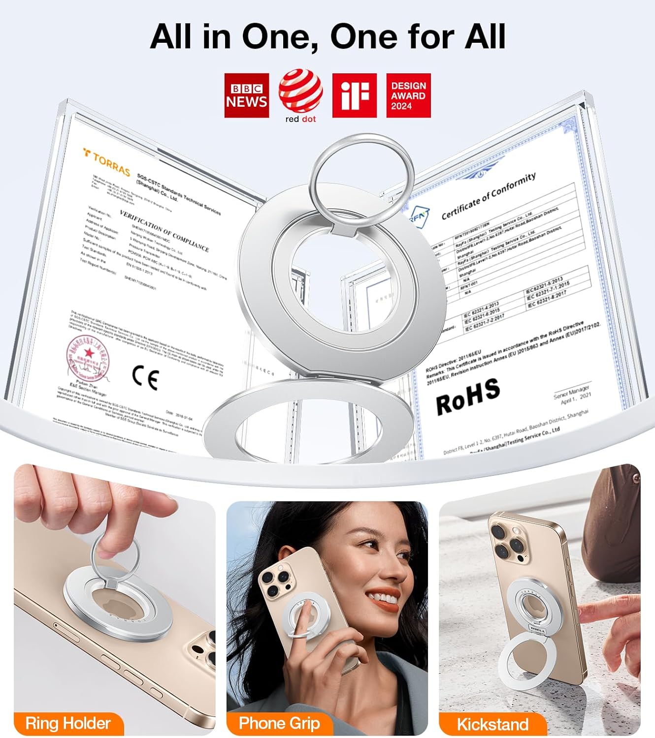 TORRAS 2025 Newest Thin Fit for MagSafe Phone Grip Ring Holder Dual-Ring Compatible with MagSafe Kickstand Magnetic for iPhone 16/15/14/13/12/11 Samsung, Google Accessories, Silver White