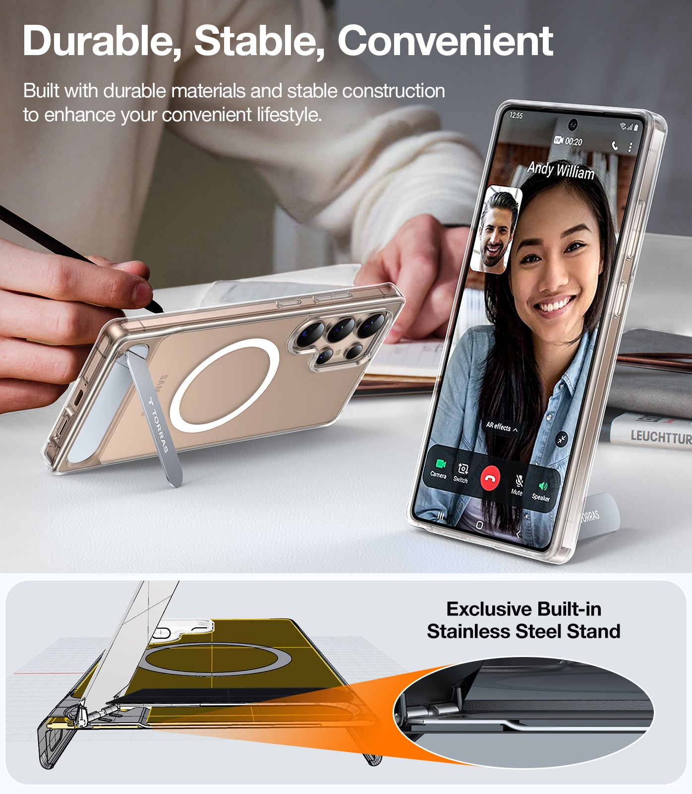 TORRAS Strong Magnetic & Seamless Stand for Samsung Galaxy S25 Ultra Case for MagSafe, Mil-Grade Drop Protection, Adjustable Kickstand for Samsung Galaxy S25 Ultra Case, Anti-Yellowing Diamond Clear