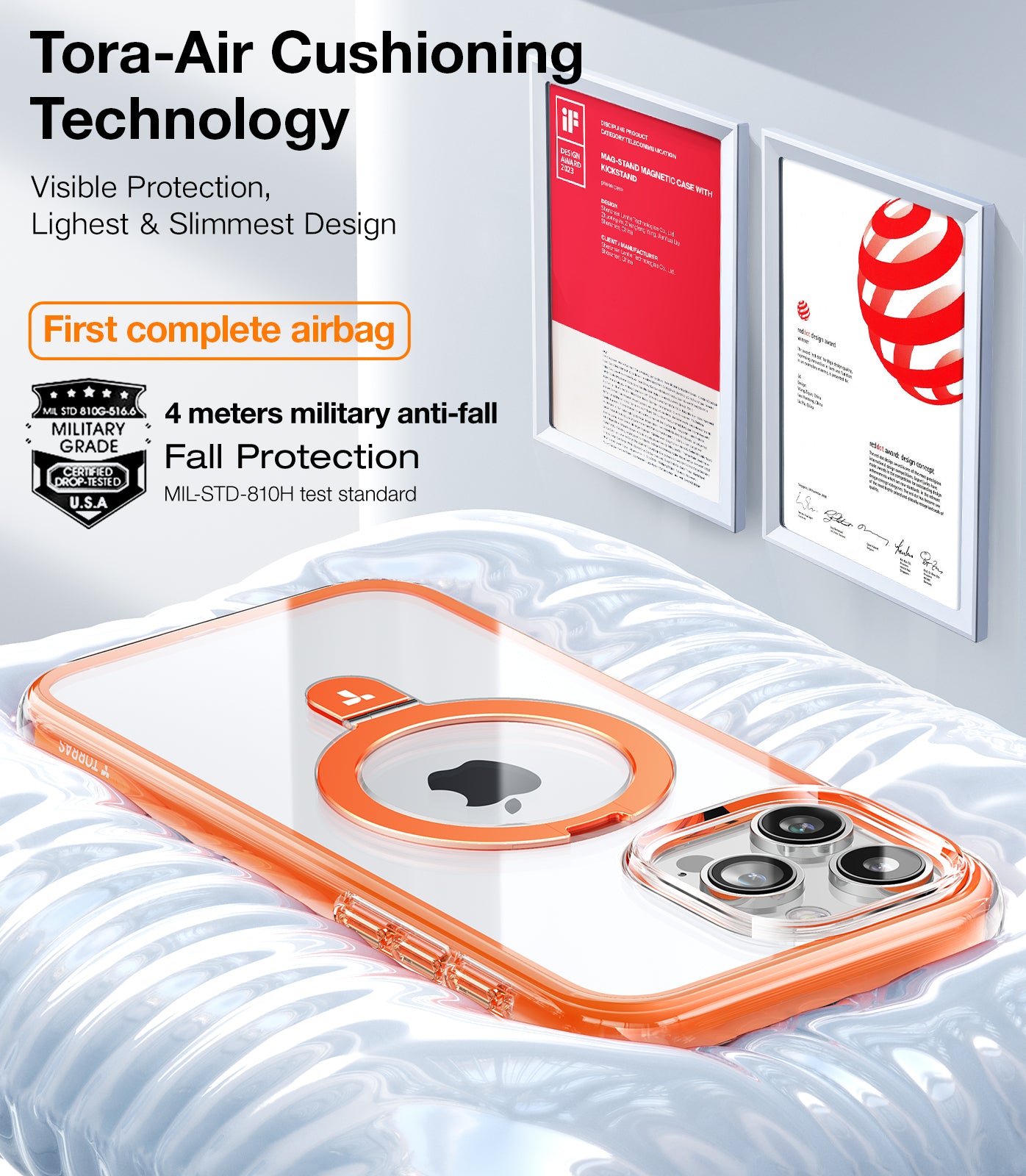 TORRAS 360° Encircling Air Cushion Ultra Protection, Magnetic Ostand SS Air Designed for iPhone 15 Pro Max Case, Compatible with MagSafe, Horizontal/Vertical Kickstand, Clear Slim Hard Back Soft Edge Anti-Yellowing Technology, Ostand SS, Orange