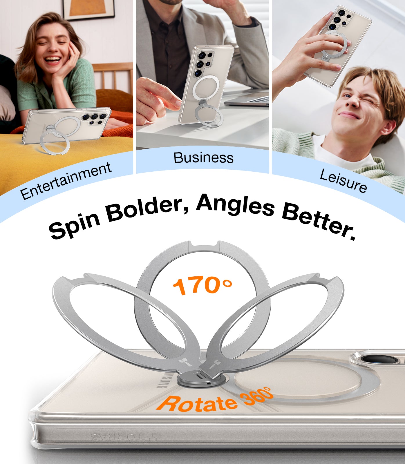 TORRAS 360° Spin Magnetic Stand for Samsung Galaxy S25 Ultra Case, Fit for Magsafe, Mil-Grade Slim Hard PC Protective S25 Ultra Clear Case with Kickstand & Ring Holder, Ostand Spin, Clear