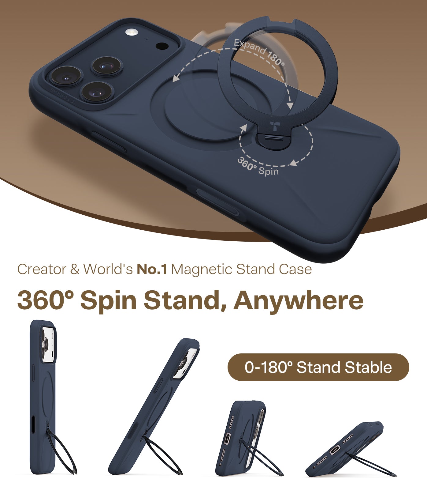 TORRAS Ostand Q3 Spin Silicone Series for iPhone 17 Pro (6.3") Case, Silicone Soft Rubber with 360° Ring Stand & Camera Control, MagSafe Compatible, Q3 Protective Cover – Midnight Blue
