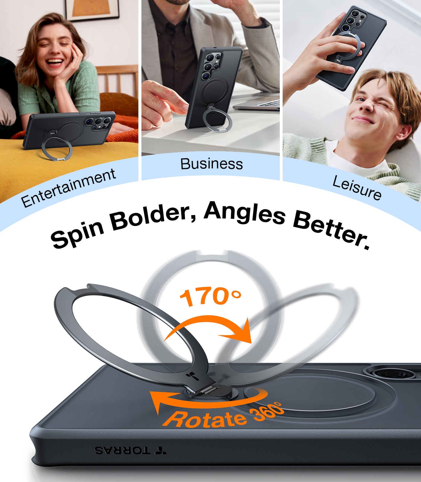TORRAS 360° Spin Magnetic Stand for Samsung Galaxy S25 Ultra Case, Fit for Magsafe, Mil Grade Slim Protective S25 Ultra Case with Kickstand & Ring Holder, Ostand Spin, Translucent Forested Black