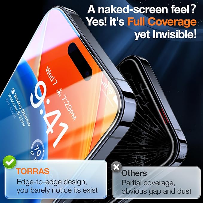 TORRAS Top-Notch Diamond Shield for iPhone 15 Pro Max Screen Protector [ 9H+ Mil-Grade Protection] Unbreakable Shatterproof Tempered Glass for iPhone 15 Pro Max Full Coverage Screen Protector Black