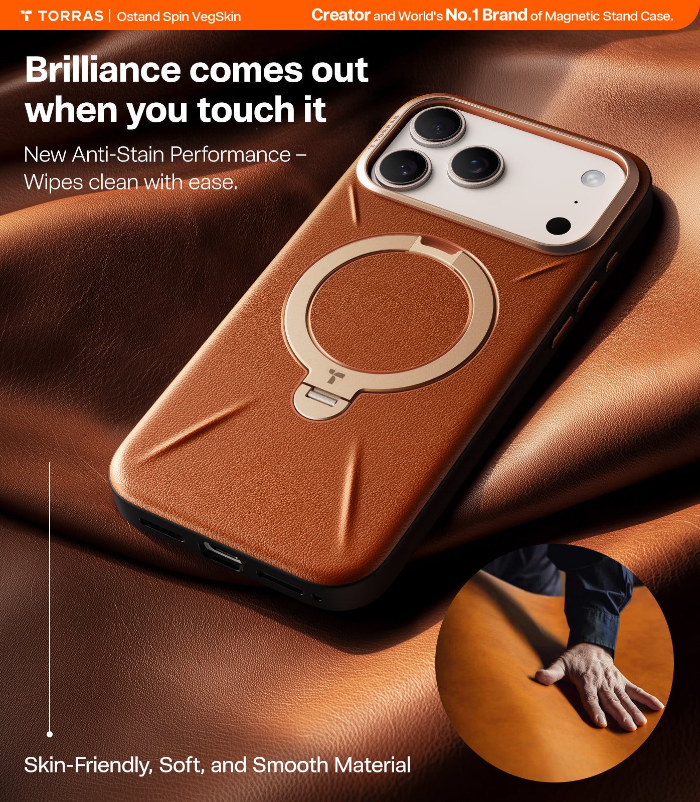 TORRAS Ostand Spin VegSkin Series Case for iPhone 17 Pro (6.3-Inch) 2025– Magnetic Stand, Premium Leather Touch, Ultra-Thin 360° Rotatable Metal Stand, MagSafe Compatible, Anti-Stain, Slim And Lightweight Cover - Amber Brown