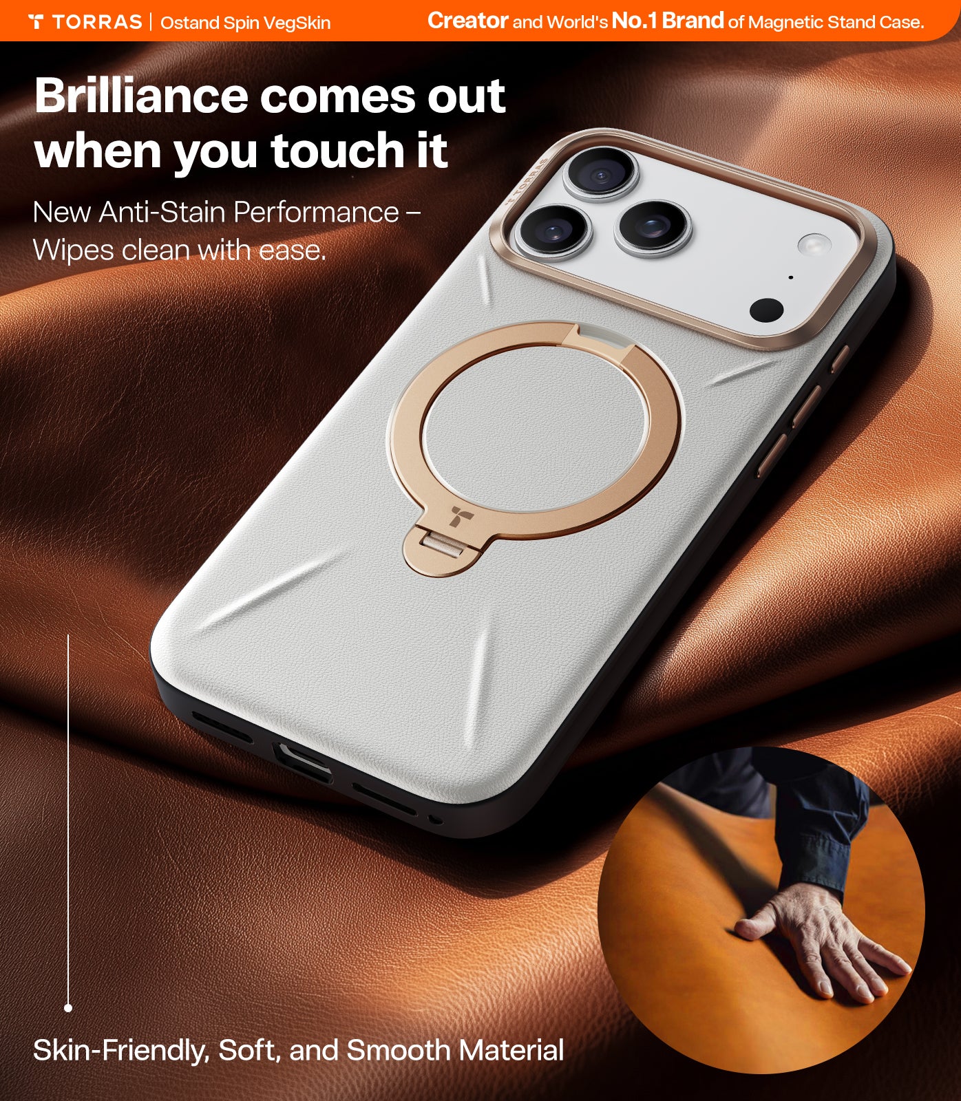 TORRAS Ostand Spin VegSkin Series Case for iPhone 17 Pro Max (6.9") 2025– Magnetic Stand, Premium Leather Touch, Ultra-Thin 360° Rotatable Metal Stand, MagSafe Compatible, Anti-Stain, Slim & Lightweight Cover - Pearl Grey