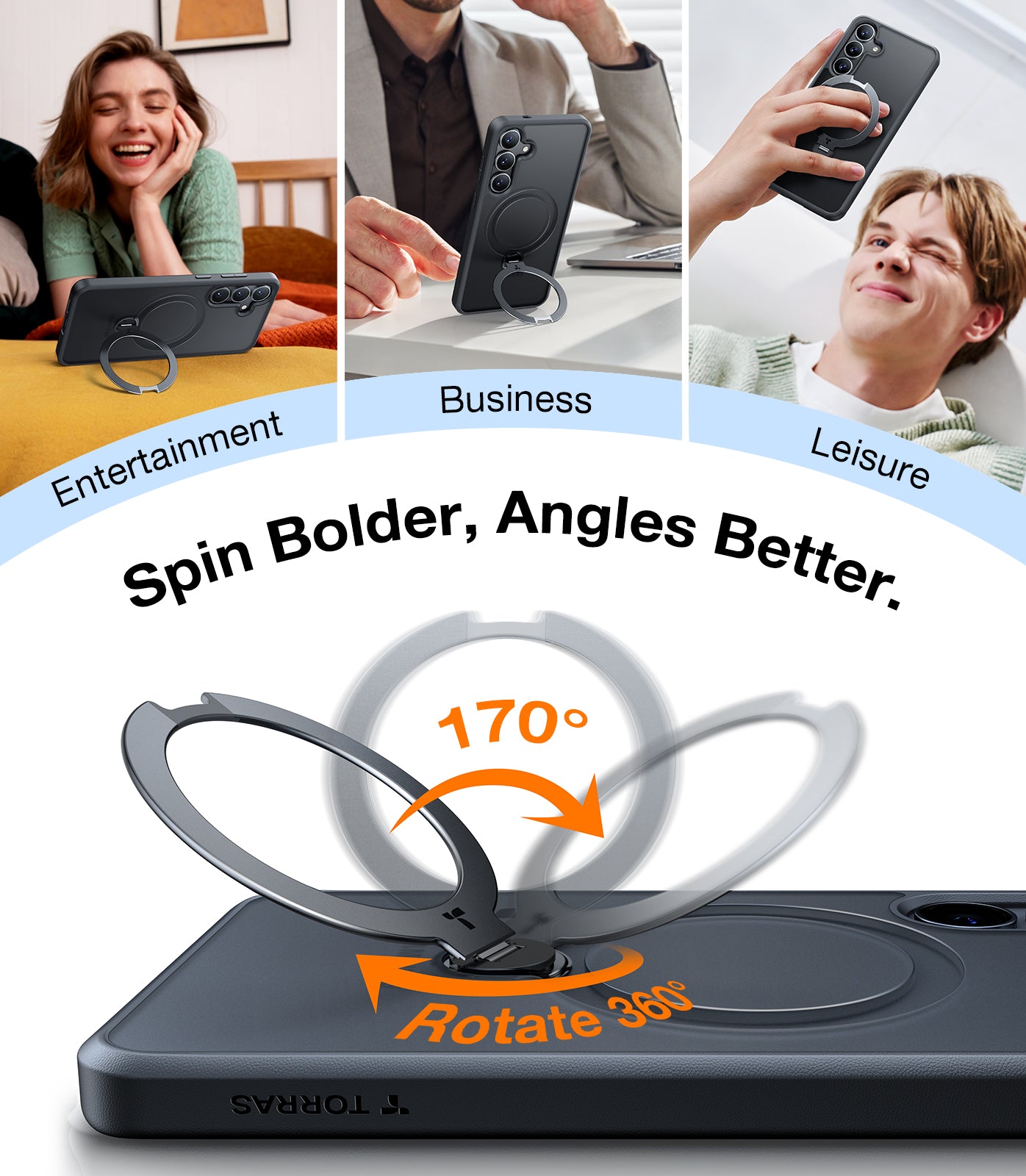 TORRAS 360°Spin Magnetic Stand for Samsung Galaxy S25 Plus Case (2025), Fit for Magsafe Mil-Grade Shockproof Slim Protective S25+ Plus Case with Kickstand & Ring Holder, Ostand Spin, Black