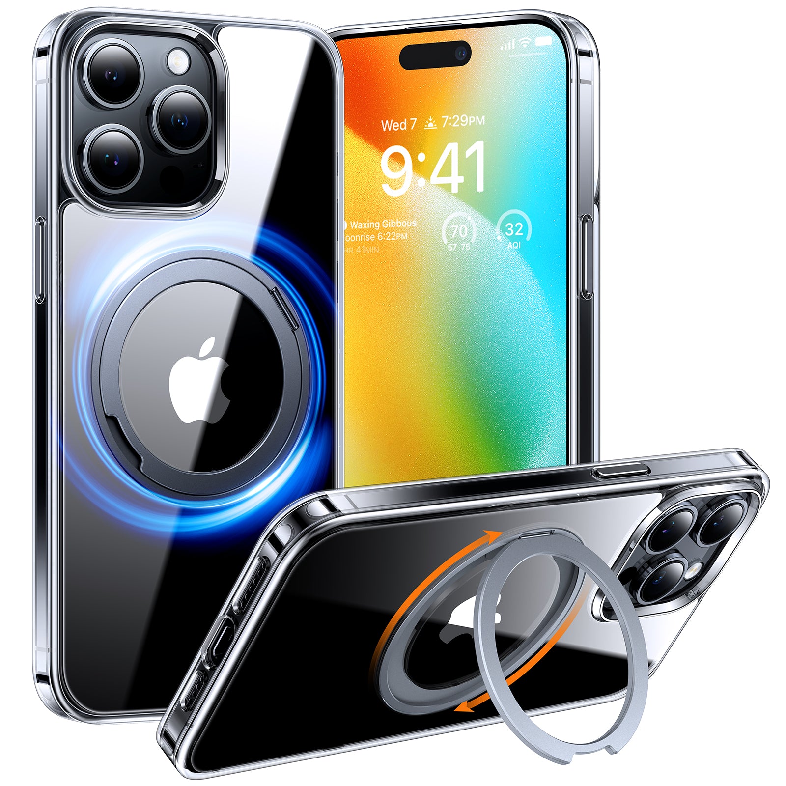 TORRAS 360°Rotatable Magnetic Ring for iPhone 15 Pro Max Case, Fit for MagSafe with Stand & Ring Holder, [Mil-Grade Shock proof Translucent Back for iPhone 15 ProMax Case Ostand Pro, Clear