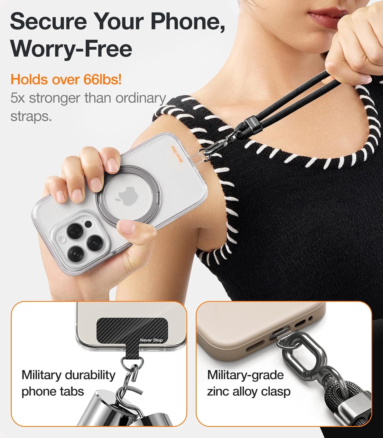 TORRAS Phone Lanyard Crossbody with 2 Phone Tabs, Adjustable Anti Theft Phone Strap for All Phones, Premium Metal Buckles, Skin-Friendly, Universal Cell Phone Neck Lanyard for Women and Men, Black