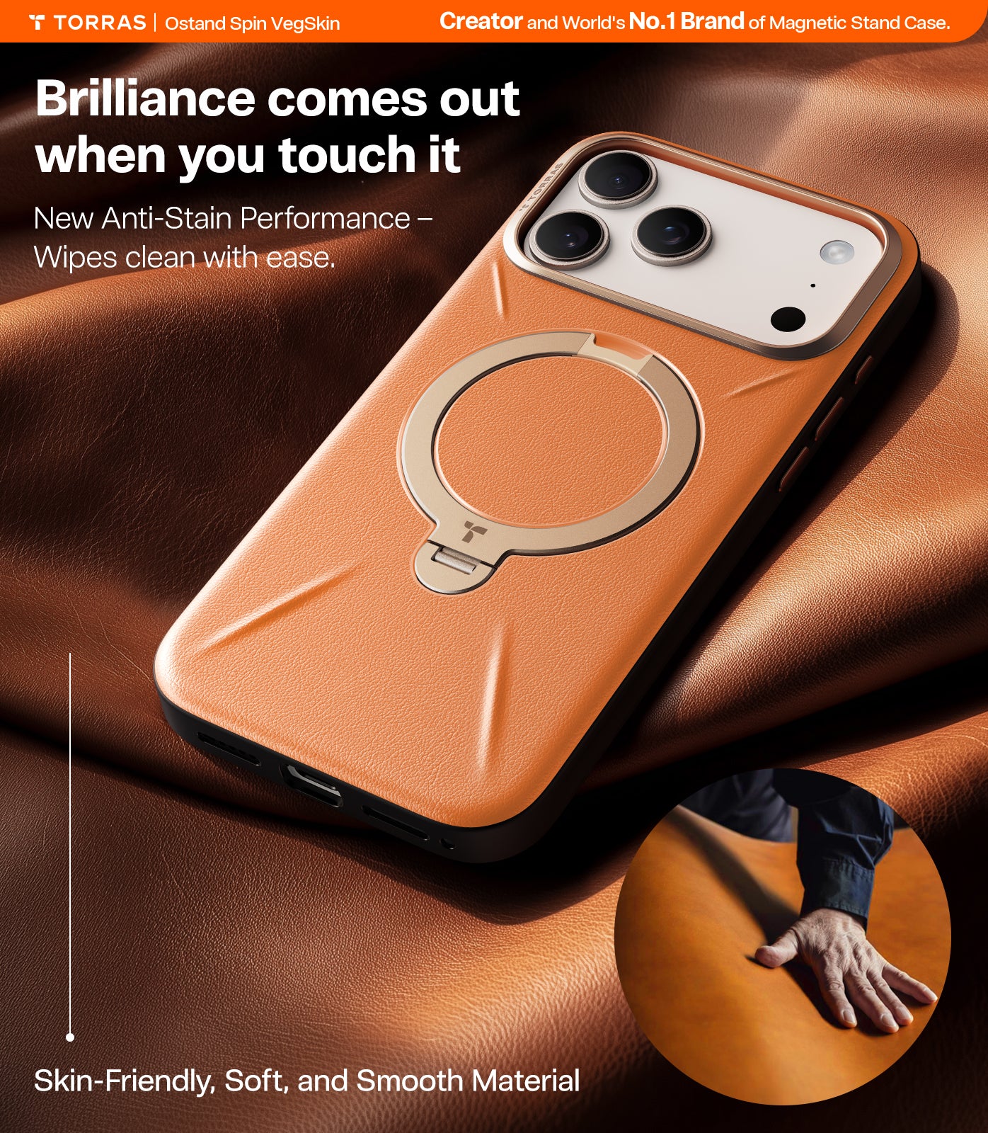 TORRAS Ostand Spin VegSkin Series Case for iPhone 17 Pro Max (6.9") 2025– Magnetic Stand, Premium Leather Touch, Ultra-Thin 360° Rotatable Metal Stand, MagSafe Compatible, Anti-Stain, Slim & Lightweight Cover - Tarocco Orange