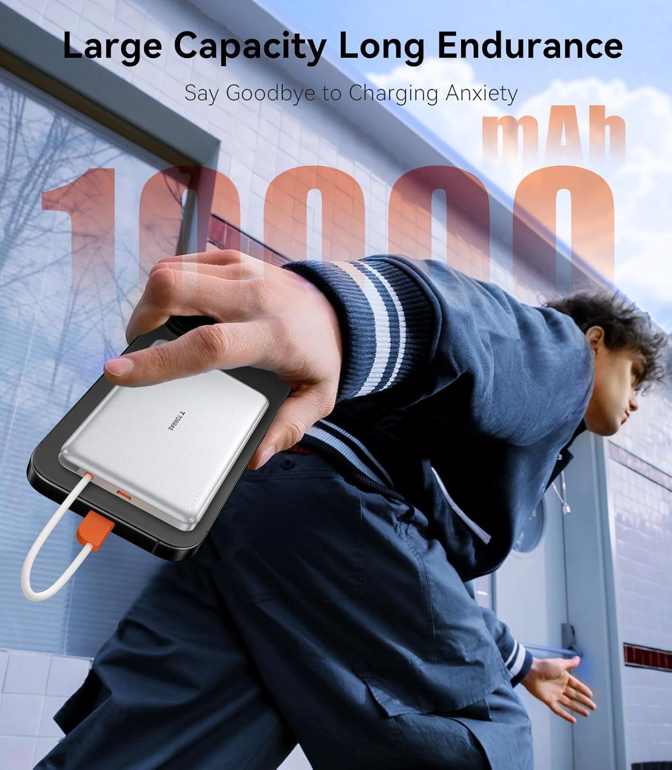 TORRAS PebbleLink Power Bank with Built-in USB-C Cable, Ultra-Slim 10,000mAh Portable Charger USB C, 22.5W Fast Charging Battery Pack for iPhone 16/15/Samsung S25 Ultra/Android, Glacier White (No-Wireless)