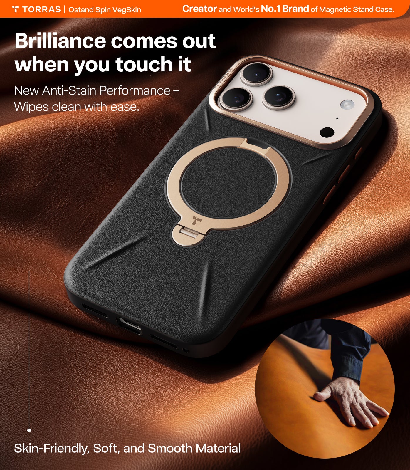 TORRAS Ostand Spin VegSkin Series Case for iPhone 17 Pro (6.3") 2025– Magnetic Stand, Premium Leather Touch, Ultra-Thin 360° Rotatable Metal Stand, MagSafe Compatible, Anti-Stain, Slim & Lightweight Cover - Black