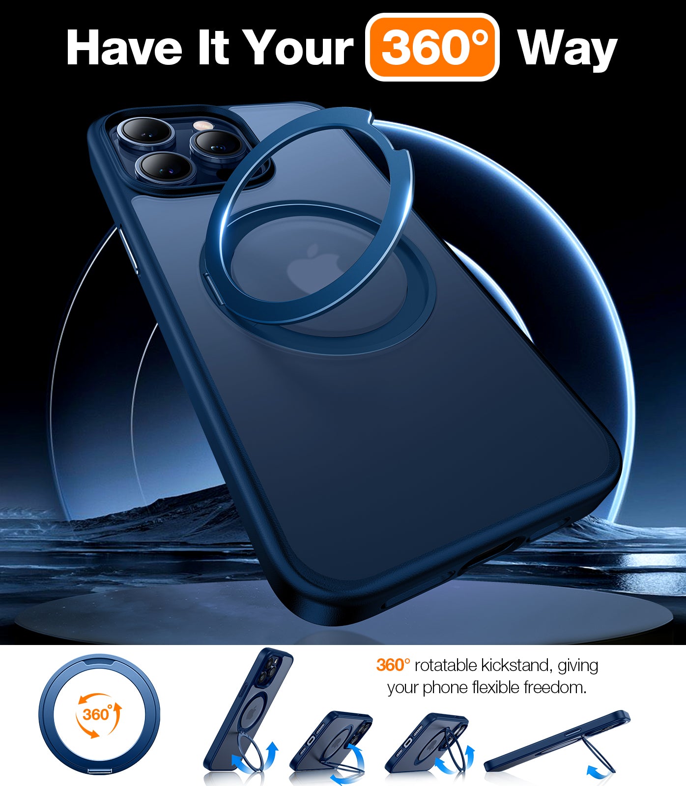 TORRAS 360°Rotatable Magnetic Ring for iPhone 15 Pro Max Case, Fit for MagSafe with Stand & Ring Holder, Mil-Grade Shockproof Translucent Back for iPhone 15 ProMax Case Ostand Pro, Blue Navy Blue