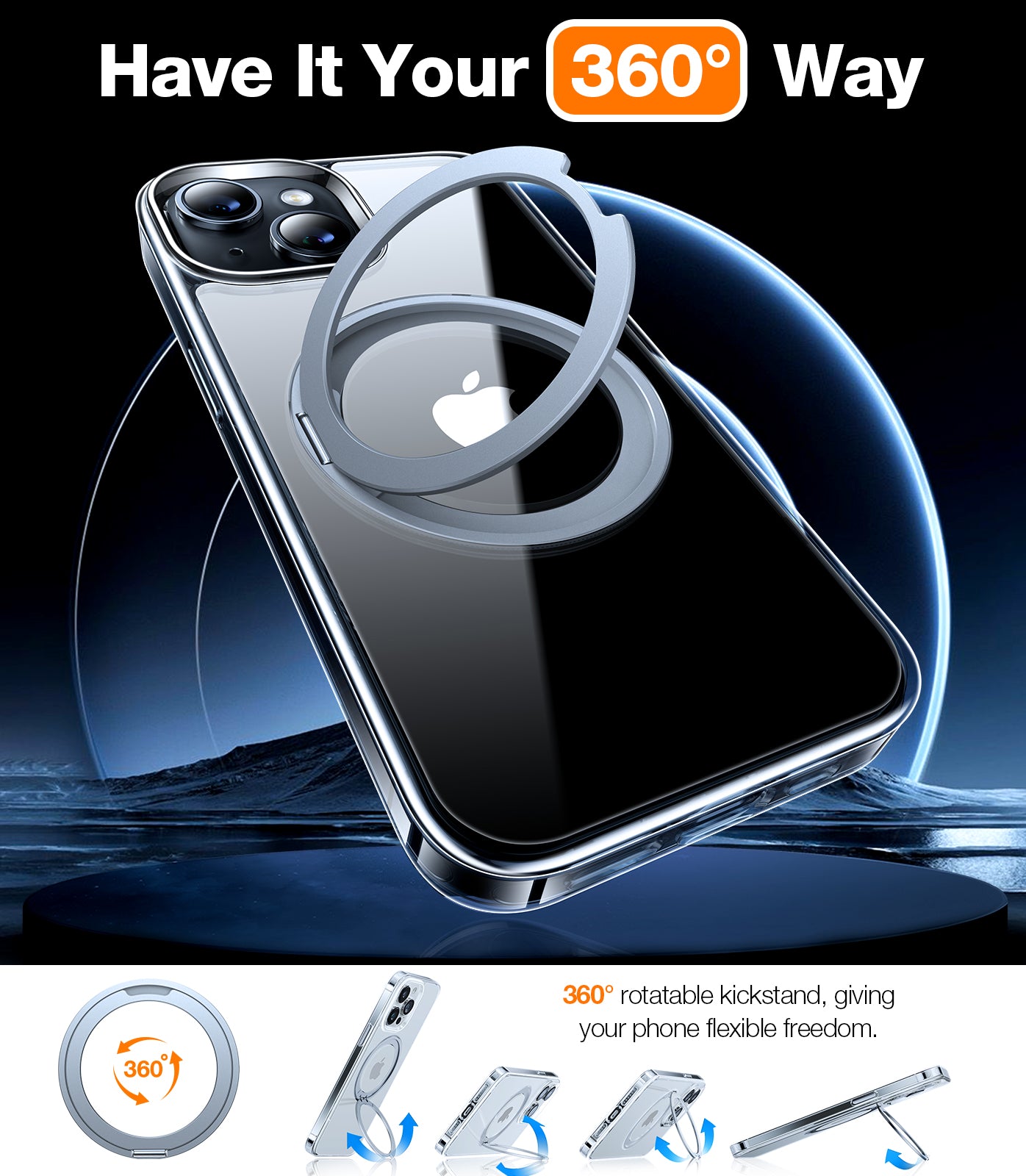TORRAS 360° Rotatable Stand for iPhone 15 Case, [Compatible with MagSafe] Magnetic Ring Holder [3X Mil-Grade Tested] Shockproof Translucent Slim Case for iPhone 15 Phone Case, Ostand Pro, Clear