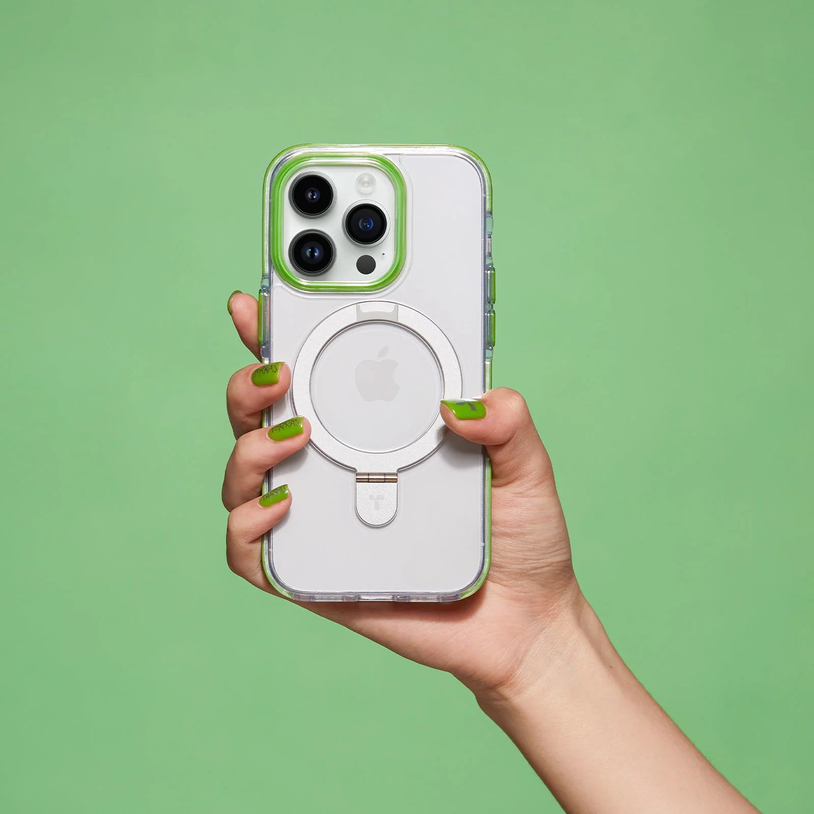 TORRAS Magnetic Ostand Hue Designed for iPhone 15 Pro Max Case, [Mil-Grade Drop Tested][Compatible with MagSafe][Built in Kickstand] Clear Slim Hard Back Soft Edge Anti-Fingerprint, Green