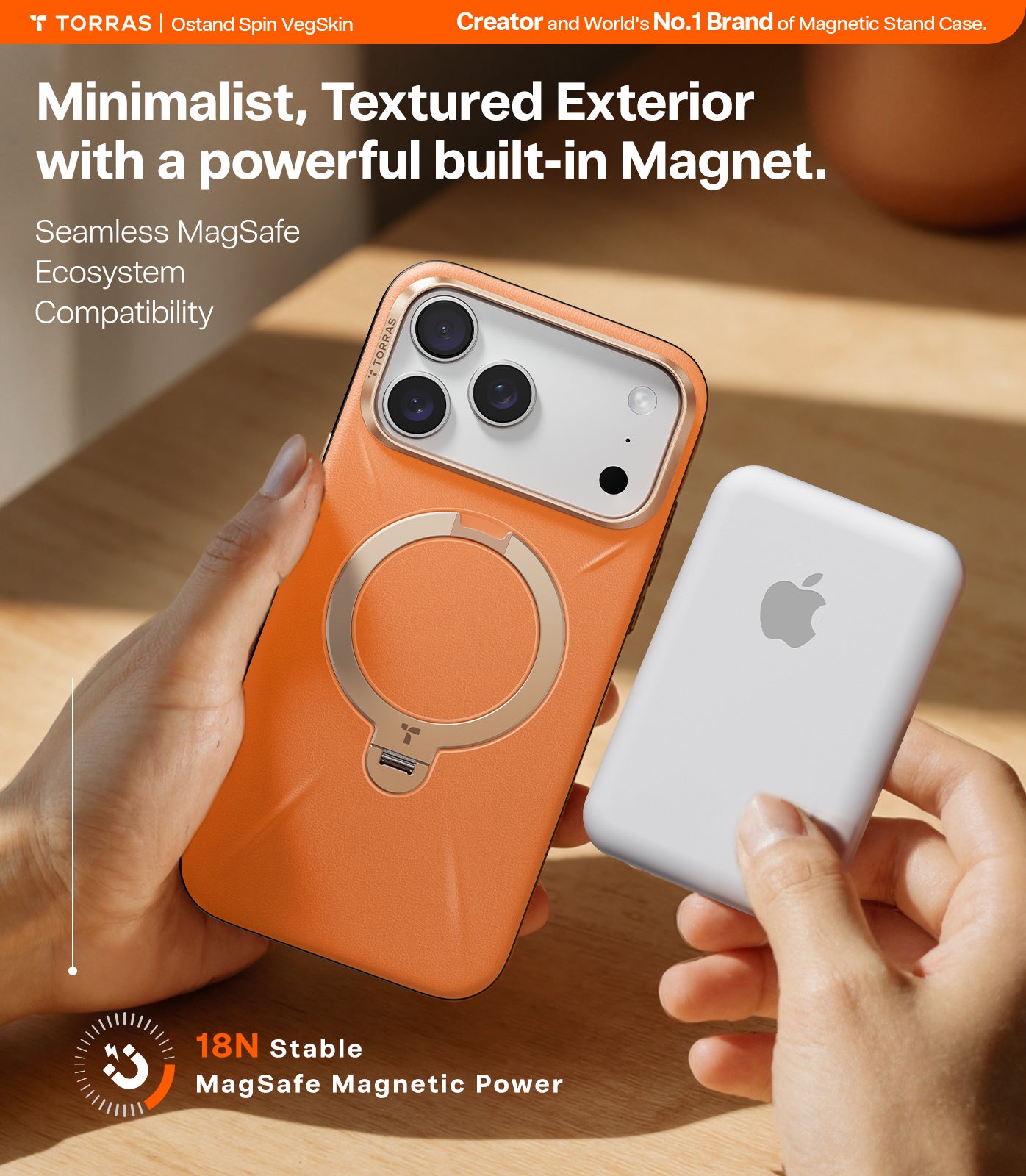 TORRAS Ostand Spin VegSkin Series Case for iPhone 17 Pro Max (6.9") 2025– Magnetic Stand, Premium Leather Touch, Ultra-Thin 360° Rotatable Metal Stand, MagSafe Compatible, Anti-Stain, Slim & Lightweight Cover - Tarocco Orange