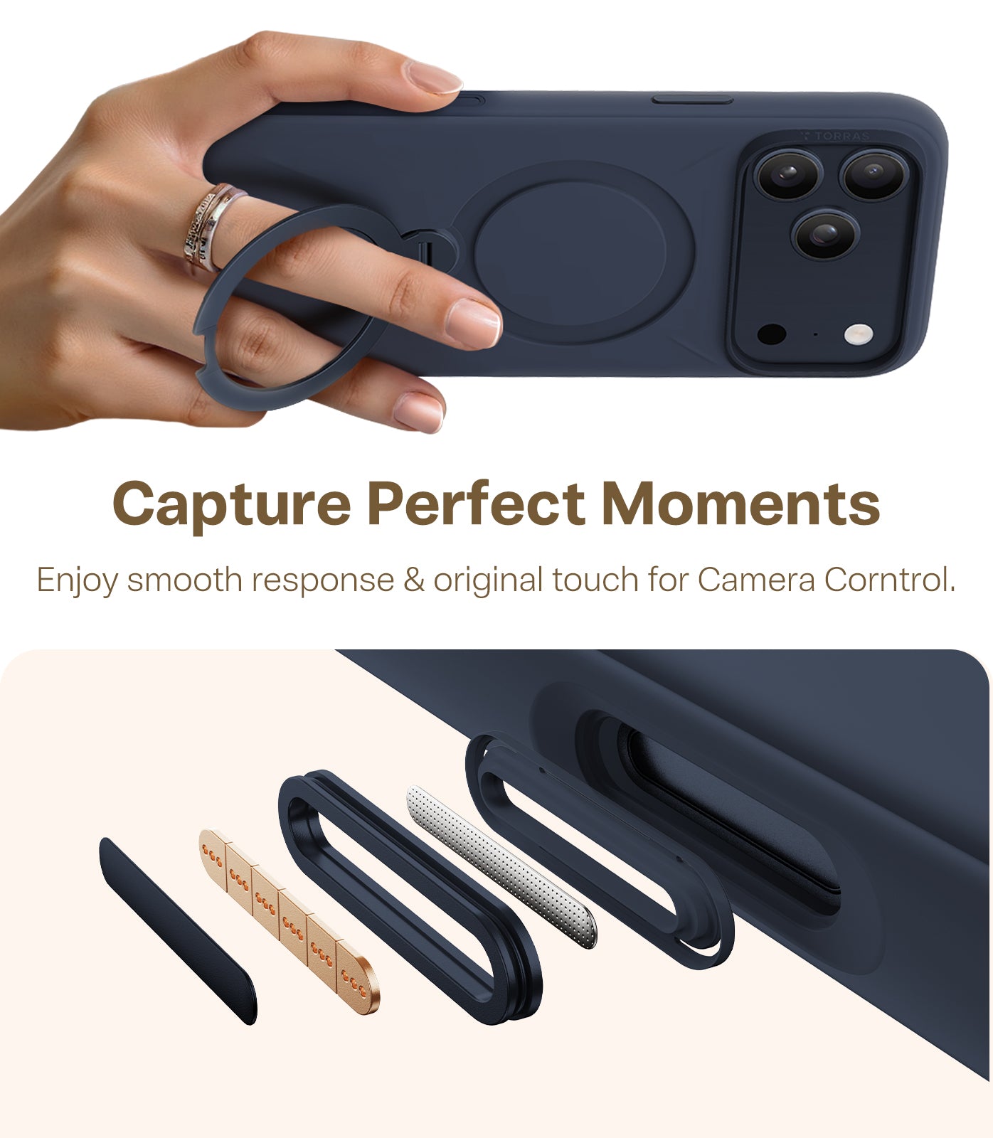 TORRAS Ostand Q3 Spin Silicone Series for iPhone 17 Pro (6.3") Case, Silicone Soft Rubber with 360° Ring Stand & Camera Control, MagSafe Compatible, Q3 Protective Cover – Midnight Blue